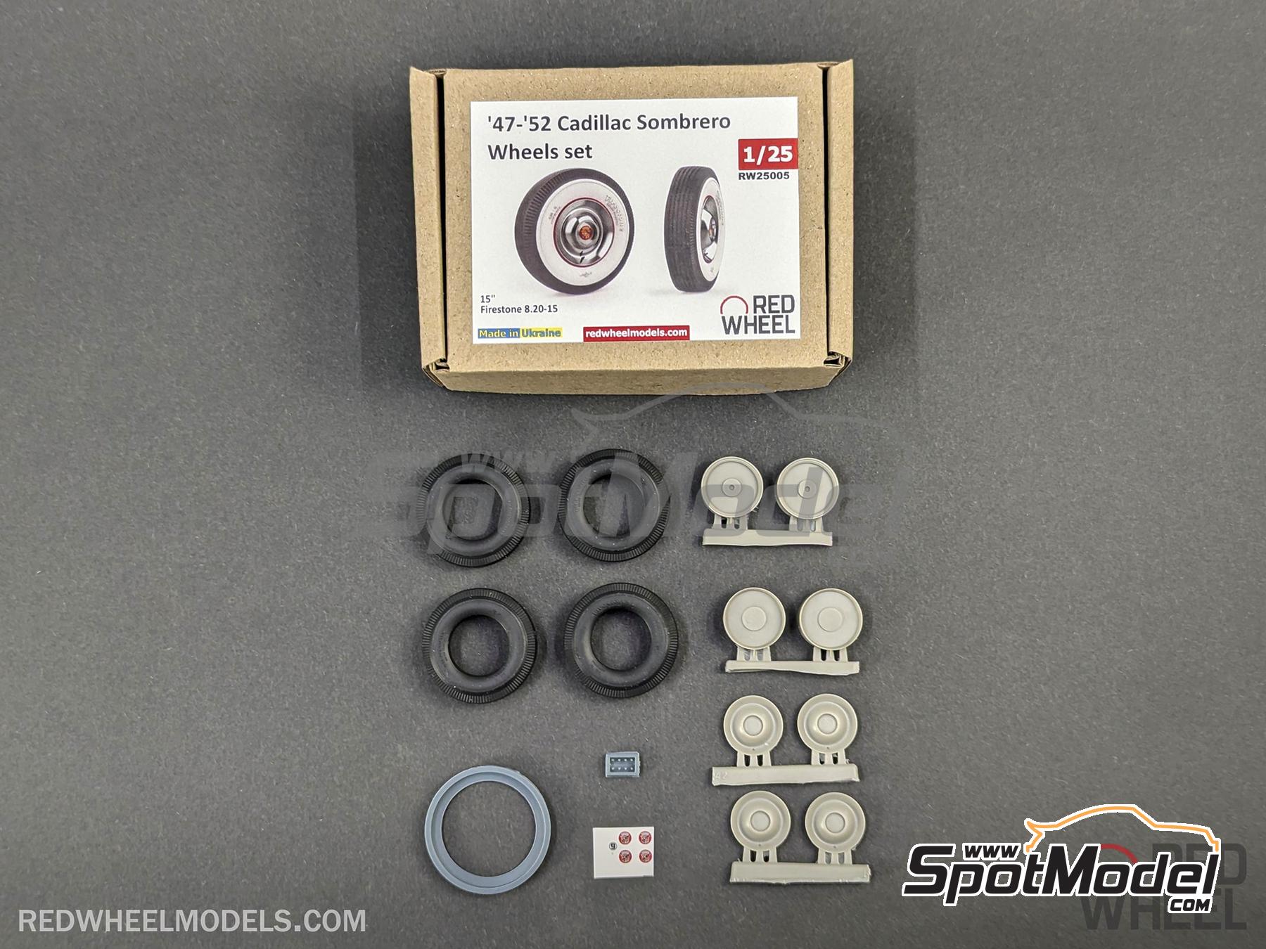 Image 1: Cadillac Sombrero wheels 15 inches -  1947-1952 | Rims and tyres set in 1/25 scale manufactured by Red Wheel (ref.&nbsp;RW25005)