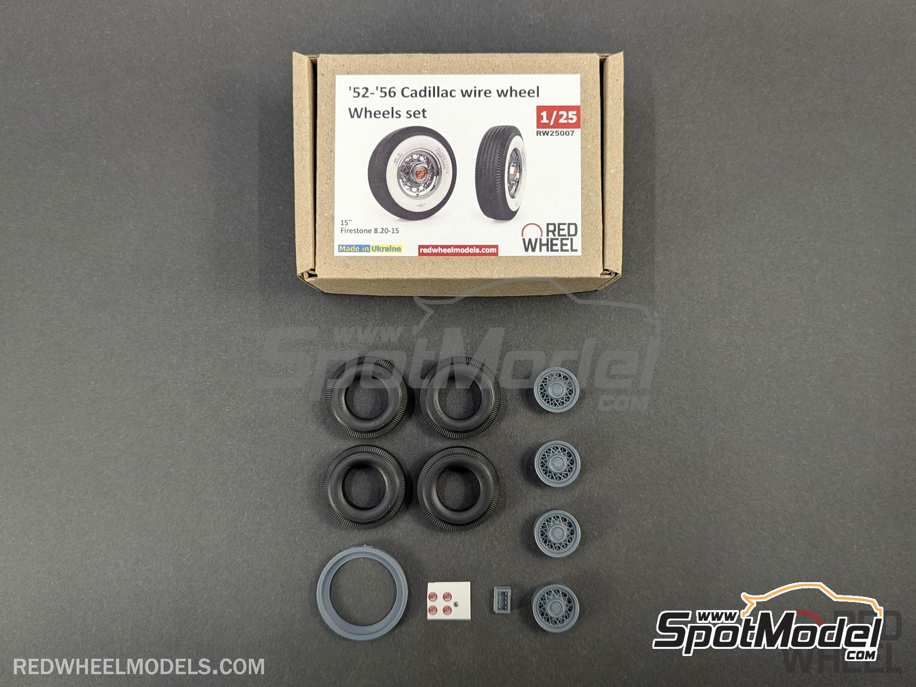 Image 1: Ruedas de radios Cadillac 15 pulgadas -  1952-1956 | Set de llantas y neum&aacute;ticos en escala&nbsp;1/25 fabricado por Red Wheel (ref.&nbsp;RW25007)