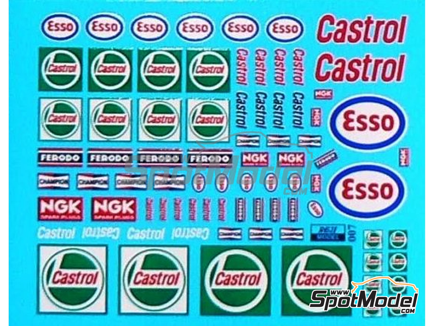 Image 1: Castrol, Esso, Champion, NGK, Ferodo | Logotypes in 1/24 scale manufactured by Reji Model (ref.&nbsp;REJI-007, also 007 and REJI007)