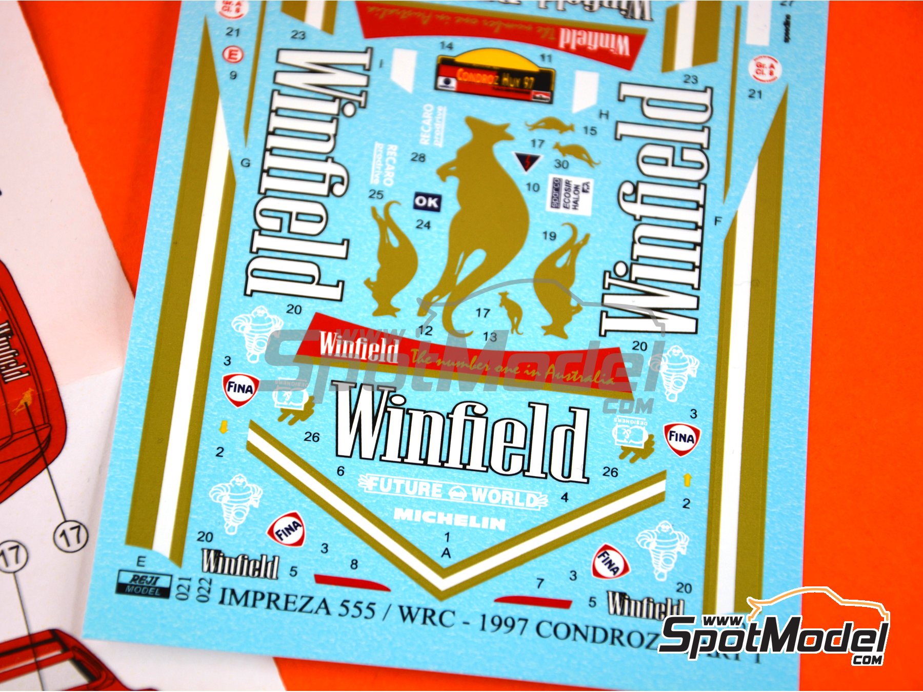 Image 4: Subaru Impreza WRC patrocinado por Winfield - Rally Condroz de B&eacute;lgica - Rallye du Condroz 1997 | Decoraci&oacute;n en escala&nbsp;1/24 fabricado por Reji Model (ref.&nbsp;REJI-022, tambien 022)