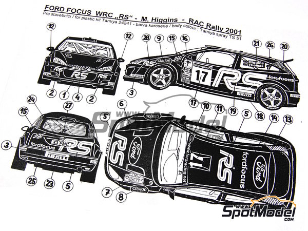 Image 3: Ford Focus WRC Equipo Ford Motor Co. patrocinado por Clarion, RS - Network Q RAC Rally de Inglaterra 2001 | Decoración en escala 1/24 fabricado por Reji Model (ref. REJI-050, tambien 050)
