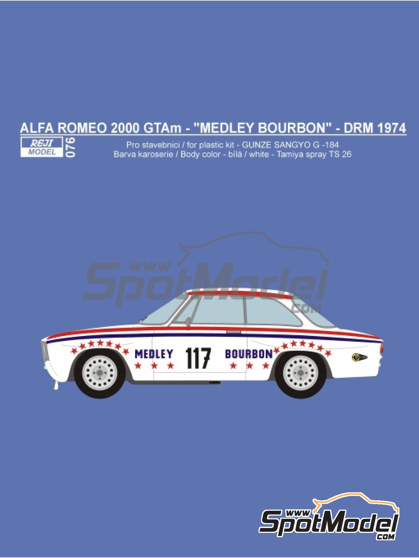 Alfa Romeo GTAm sponsored by Medley Bourbon - Deutsche Rennsport Meisterschaft DRM, European Touring Car Championship ETCC Brno 1974 and 1975 | Marking / livery in 1/24 scale manufactured by Reji Model (ref. REJI-076, also 076) image