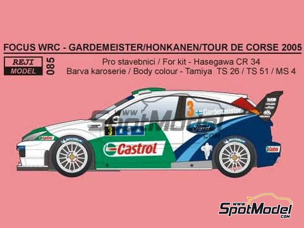 Image 1: Ford Focus WRC patrocinado por Castrol - Rally Tour de Corse, Rally de Cerde&ntilde;a 2005 | Decoraci&oacute;n en escala&nbsp;1/24 fabricado por Reji Model (ref.&nbsp;REJI-085, tambien 085 y 0085)