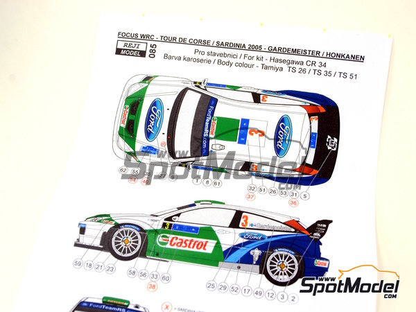 Image 6: Ford Focus WRC patrocinado por Castrol - Rally Tour de Corse, Rally de Cerde&ntilde;a 2005 | Decoraci&oacute;n en escala&nbsp;1/24 fabricado por Reji Model (ref.&nbsp;REJI-085, tambien 085 y 0085)
