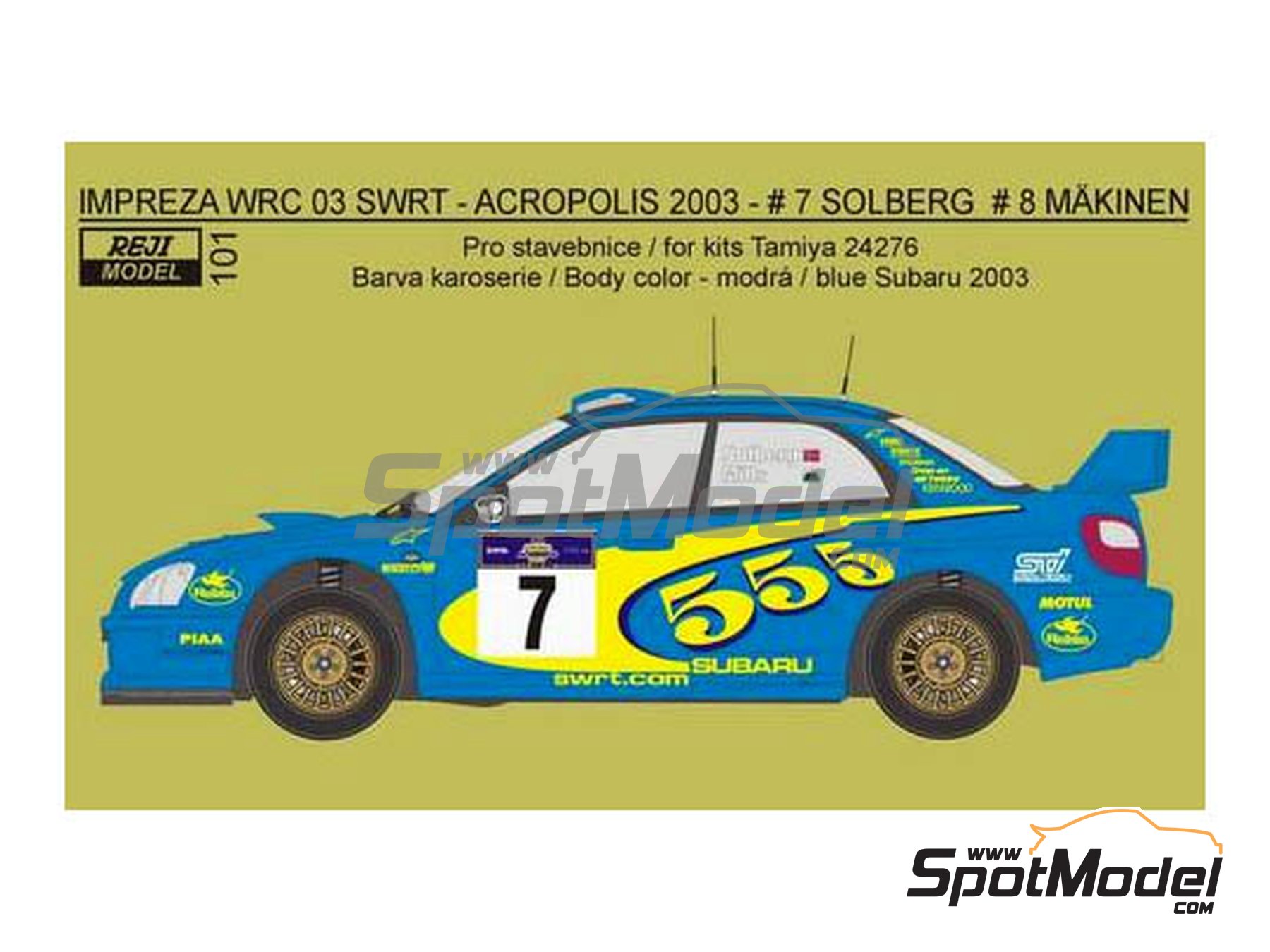 Image 1: Subaru Impreza WRC 03 SWRT 555 Subaru World Rally Team - Acropolis Rally 2003 | Marking / livery in 1/24 scale manufactured by Reji Model (ref.&nbsp;REJI-101, also 101)