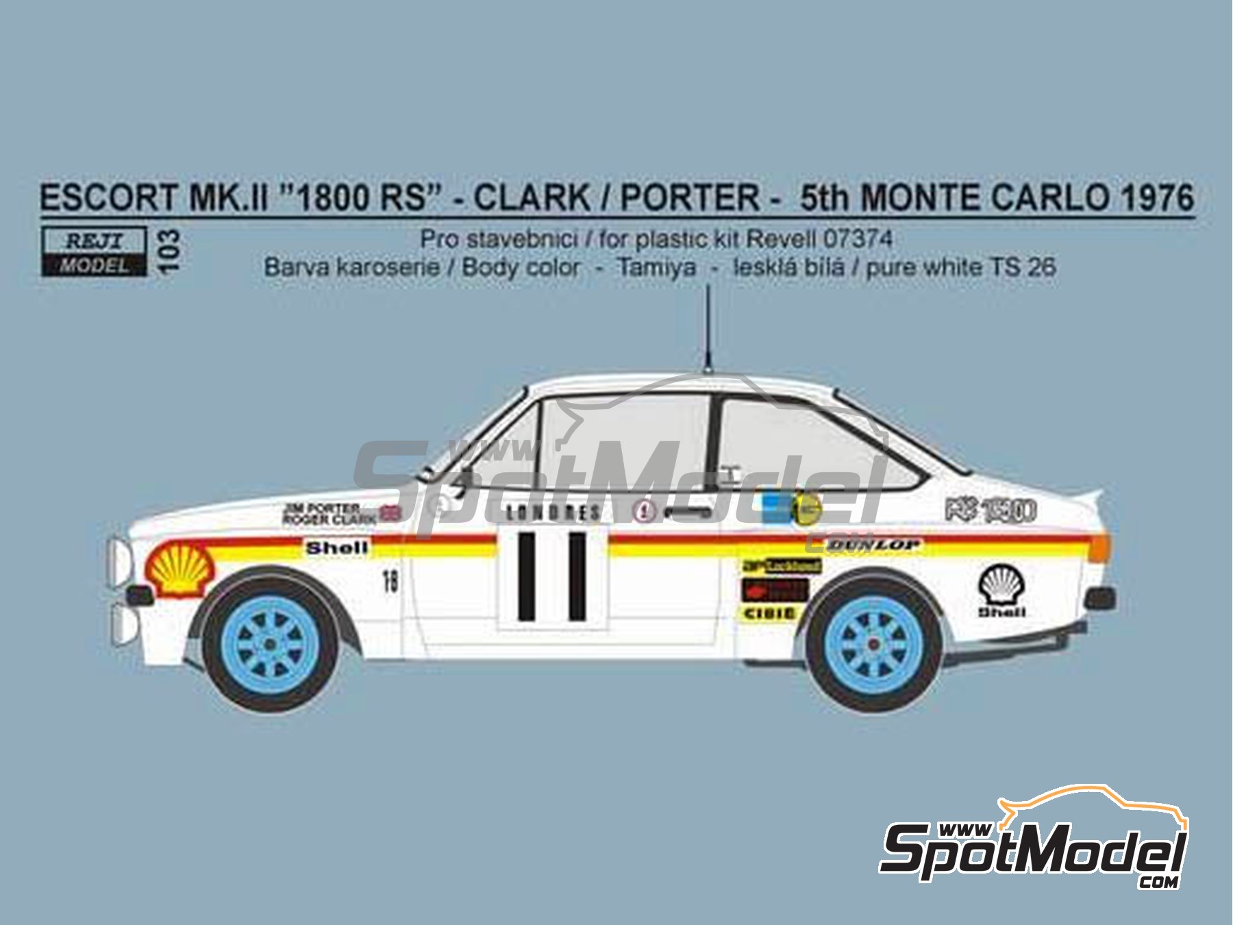 Image 1: Ford Escort Mk. II RS1800 sponsored by Shell - Monte Carlo Rally - Rallye Automobile de Monte-Carlo 1976 | Marking / livery in 1/24 scale manufactured by Reji Model (ref.&nbsp;REJI-103, also 103)