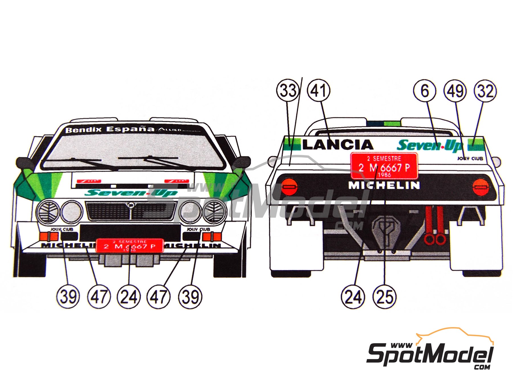 Image 2: Lancia 037 Rally RACC Bendiberica Team sponsored by Seven Up - Rallye Catalunya 1986 | Marking / livery in 1/24 scale manufactured by Reji Model (ref.&nbsp;REJI-109, also 109)