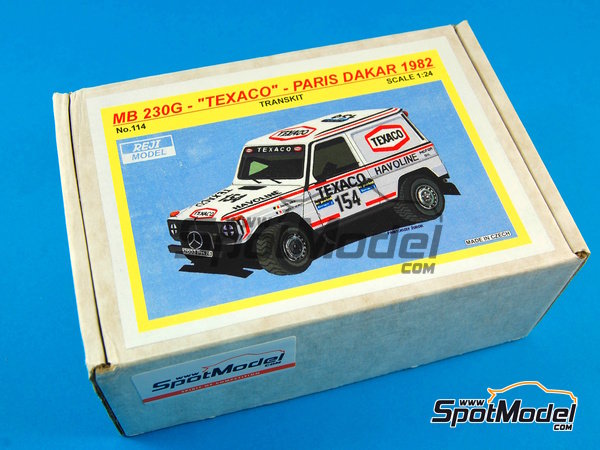 Image 1: Mercedes 230G patrocinado por Texaco, Havoline - Rally Paris Dakar 1982 | Decoraci&oacute;n en escala&nbsp;1/24 fabricado por Reji Model (ref.&nbsp;REJI-114, tambien 114)