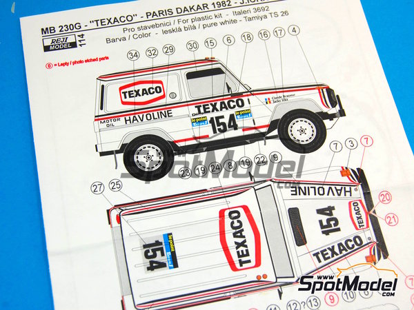 Image 15: Mercedes 230G patrocinado por Texaco, Havoline - Rally Paris Dakar 1982 | Decoraci&oacute;n en escala&nbsp;1/24 fabricado por Reji Model (ref.&nbsp;REJI-114, tambien 114)