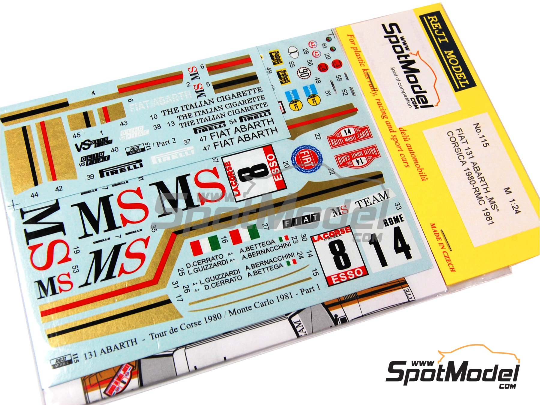 Image 1: Fiat 131 Abarth patrocinado por MS Italia - Rally de Monte Carlo - Rallye Automobile de Monte-Carlo, Rally Tour de Corse 1980 y 1981 | Decoraci&oacute;n en escala&nbsp;1/24 fabricado por Reji Model (ref.&nbsp;REJI-115, tambien 115)