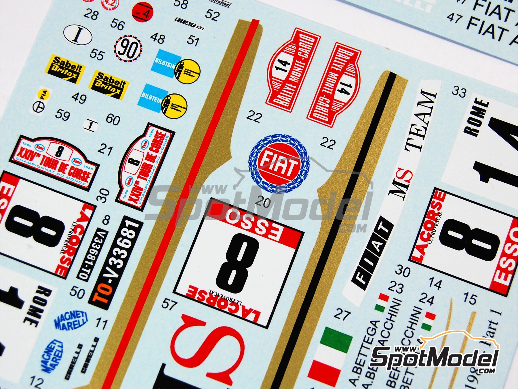 Image 3: Fiat 131 Abarth patrocinado por MS Italia - Rally de Monte Carlo - Rallye Automobile de Monte-Carlo, Rally Tour de Corse 1980 y 1981 | Decoraci&oacute;n en escala&nbsp;1/24 fabricado por Reji Model (ref.&nbsp;REJI-115, tambien 115)