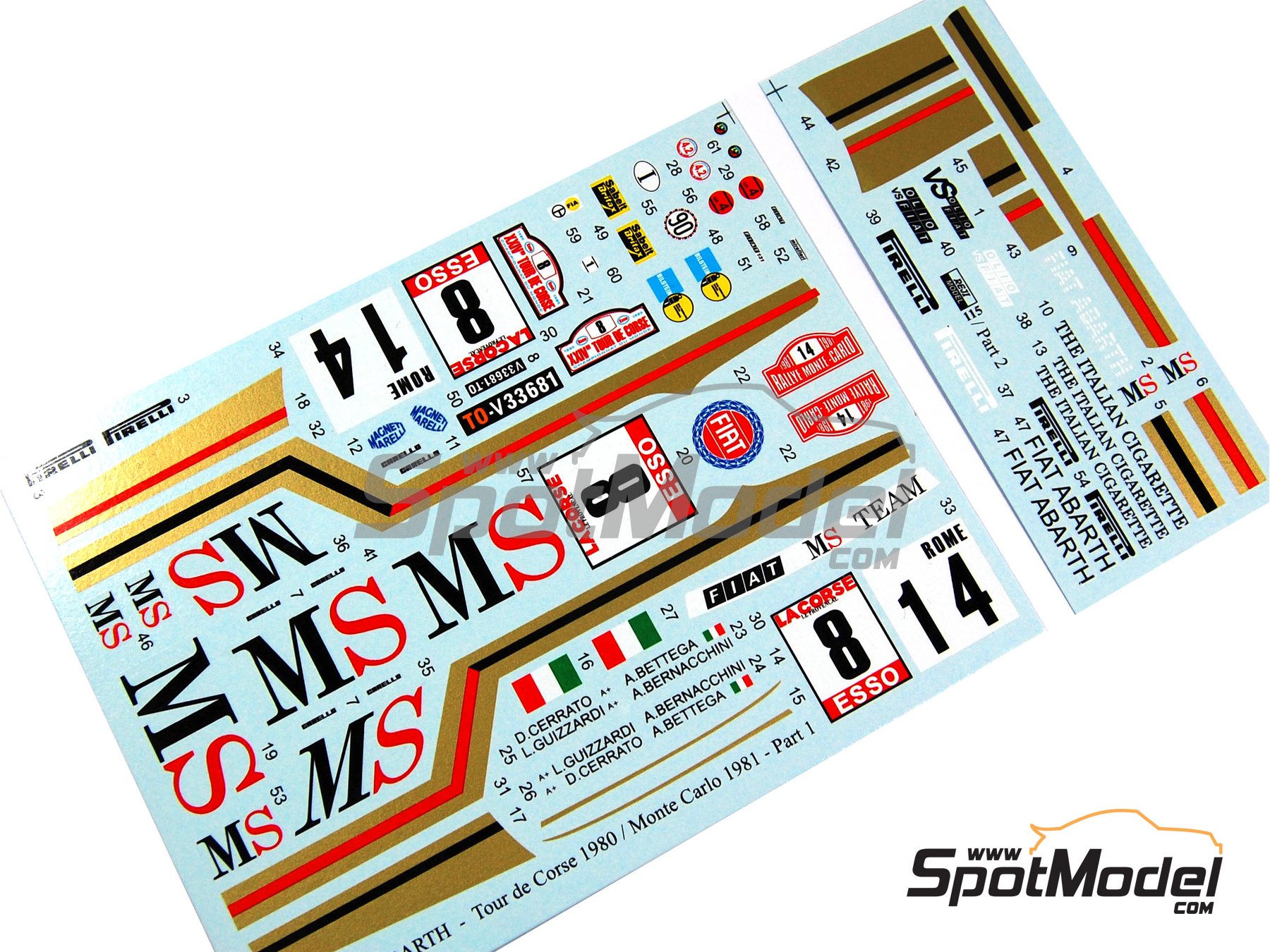 Image 5: Fiat 131 Abarth patrocinado por MS Italia - Rally de Monte Carlo - Rallye Automobile de Monte-Carlo, Rally Tour de Corse 1980 y 1981 | Decoraci&oacute;n en escala&nbsp;1/24 fabricado por Reji Model (ref.&nbsp;REJI-115, tambien 115)