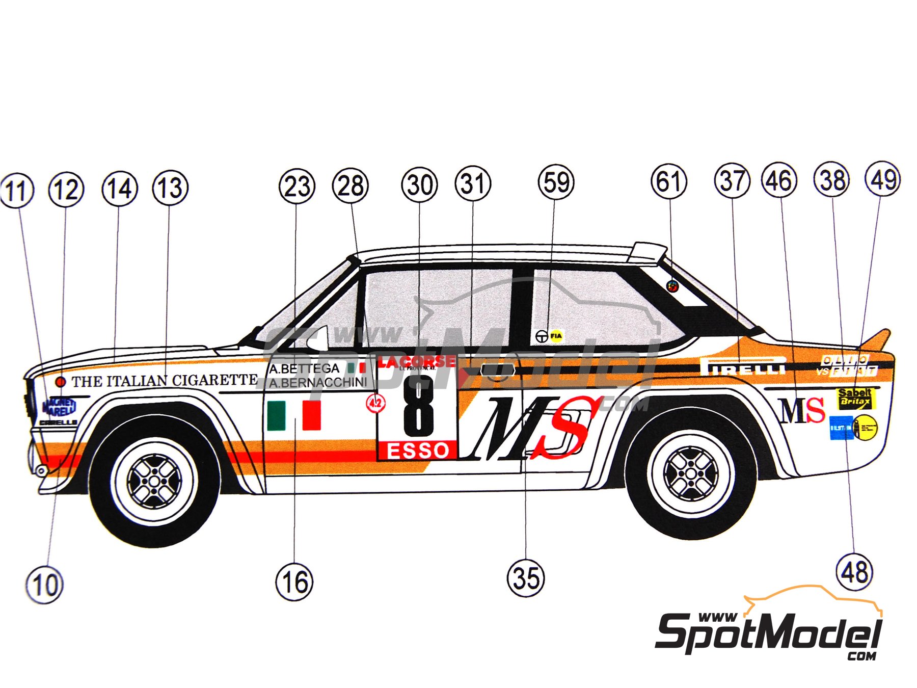 Image 7: Fiat 131 Abarth patrocinado por MS Italia - Rally de Monte Carlo - Rallye Automobile de Monte-Carlo, Rally Tour de Corse 1980 y 1981 | Decoraci&oacute;n en escala&nbsp;1/24 fabricado por Reji Model (ref.&nbsp;REJI-115, tambien 115)