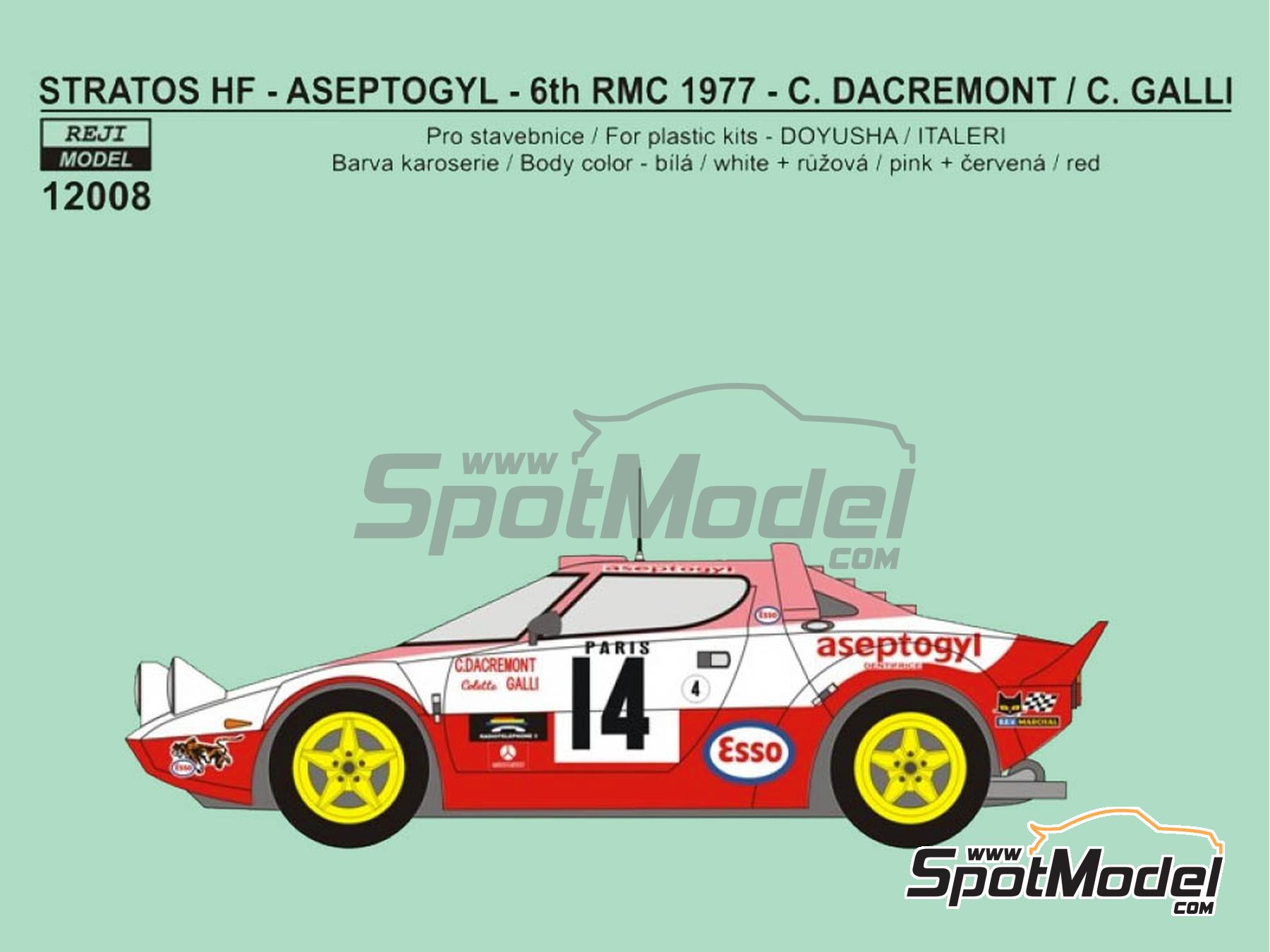 Image 1: Lancia Stratos HF sponsored by Aseptogyl - Monte Carlo Rally - Rallye Automobile de Monte-Carlo 1977 | Marking / livery in 1/12 scale manufactured by Reji Model (ref. REJI-12008, also 12008 and REJI12005)