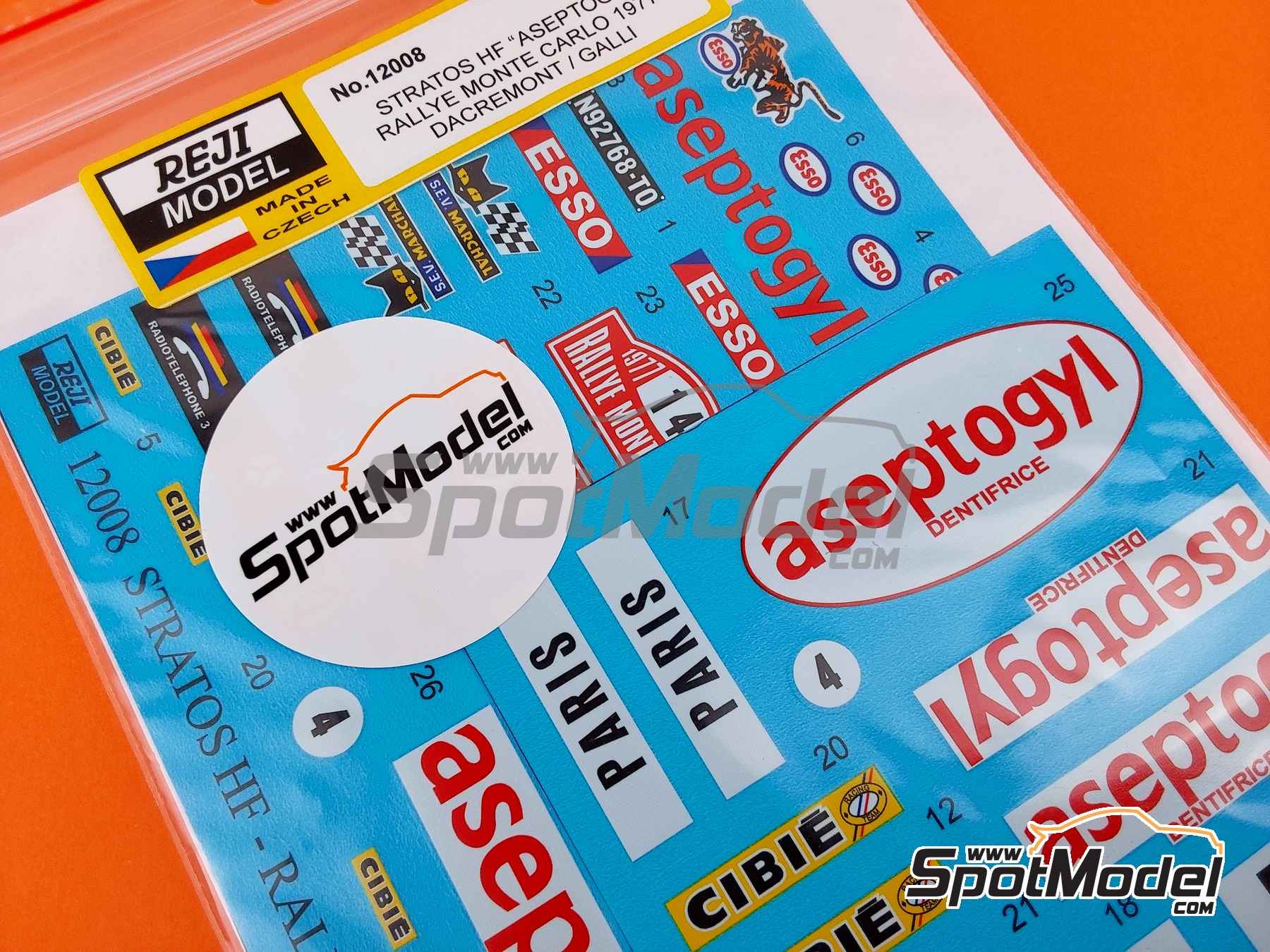 Image 7: Lancia Stratos HF sponsored by Aseptogyl - Monte Carlo Rally - Rallye Automobile de Monte-Carlo 1977 | Marking / livery in 1/12 scale manufactured by Reji Model (ref. REJI-12008, also 12008 and REJI12005)