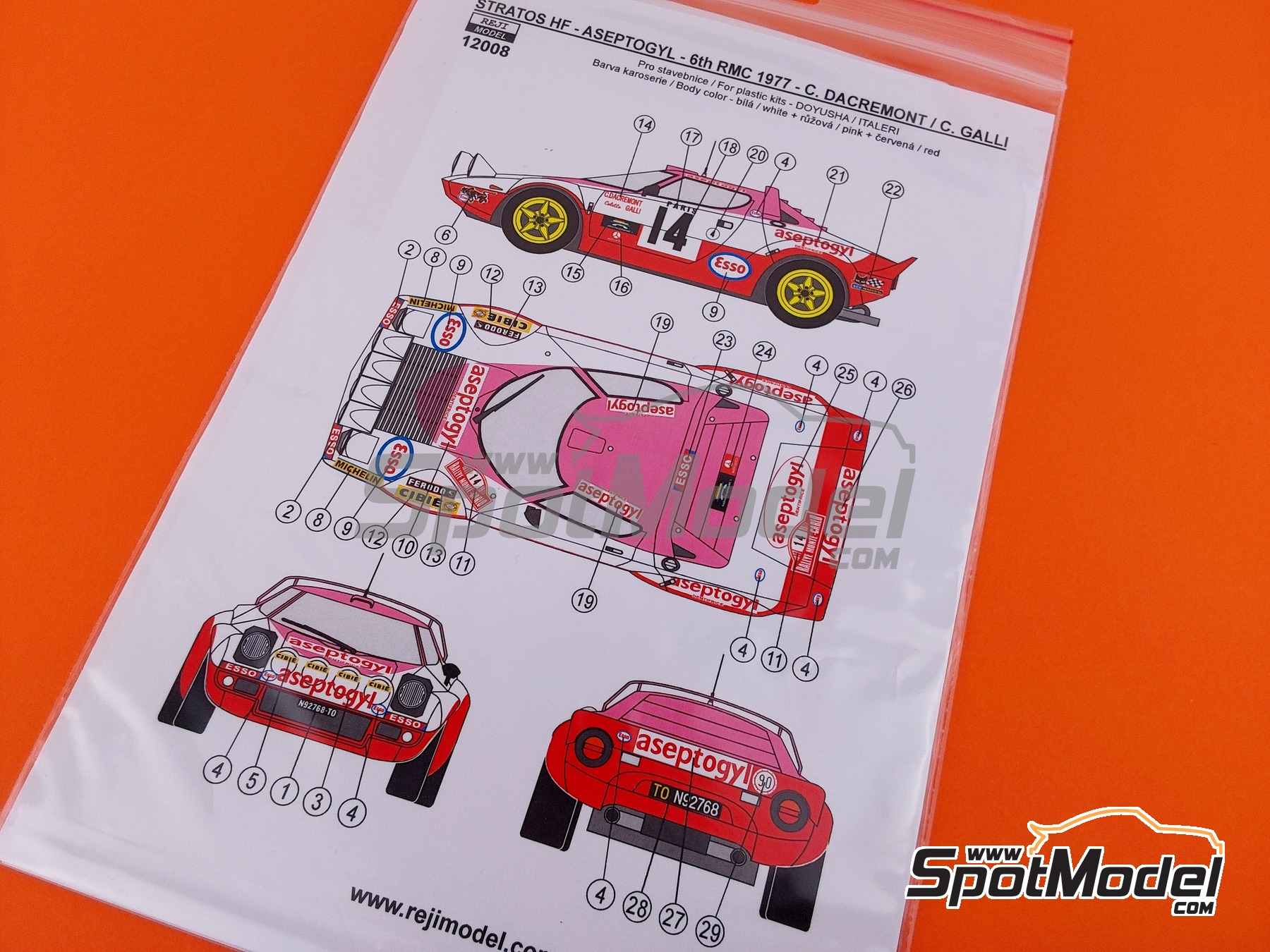 Image 8: Lancia Stratos HF sponsored by Aseptogyl - Monte Carlo Rally - Rallye Automobile de Monte-Carlo 1977 | Marking / livery in 1/12 scale manufactured by Reji Model (ref. REJI-12008, also 12008 and REJI12005)