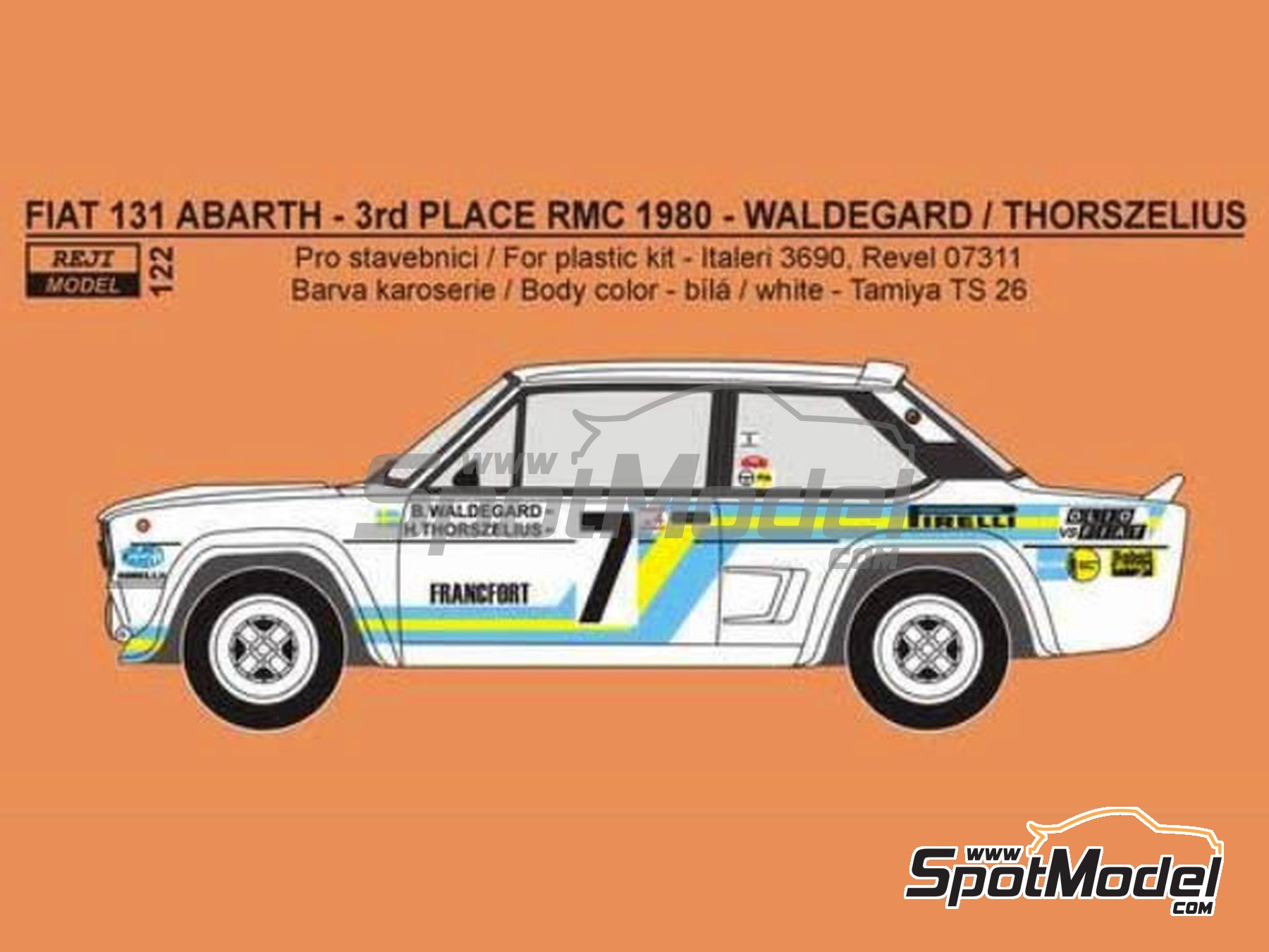 Image 1: Fiat 131 Abarth - Monte Carlo Rally - Rallye Automobile de Monte-Carlo, International Swedish Rally 1980 | Marking / livery in 1/24 scale manufactured by Reji Model (ref.&nbsp;REJI-122, also 122 and REJIREJI 122)
