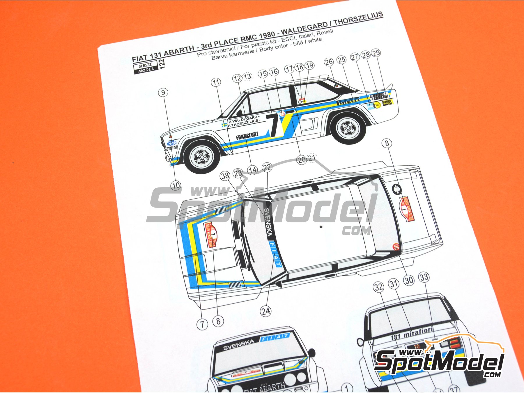 Image 3: Fiat 131 Abarth - Monte Carlo Rally - Rallye Automobile de Monte-Carlo, International Swedish Rally 1980 | Marking / livery in 1/24 scale manufactured by Reji Model (ref.&nbsp;REJI-122, also 122 and REJIREJI 122)