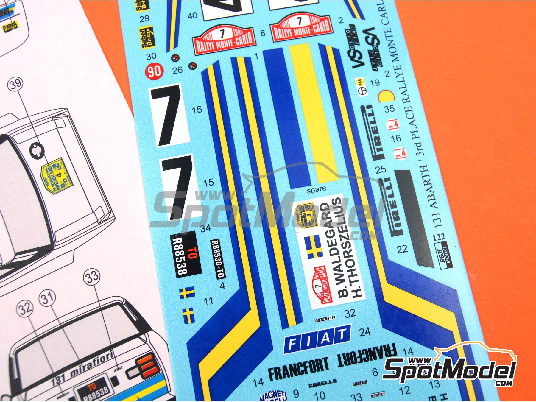 Image 7: Fiat 131 Abarth - Monte Carlo Rally - Rallye Automobile de Monte-Carlo, International Swedish Rally 1980 | Marking / livery in 1/24 scale manufactured by Reji Model (ref.&nbsp;REJI-122, also 122 and REJIREJI 122)