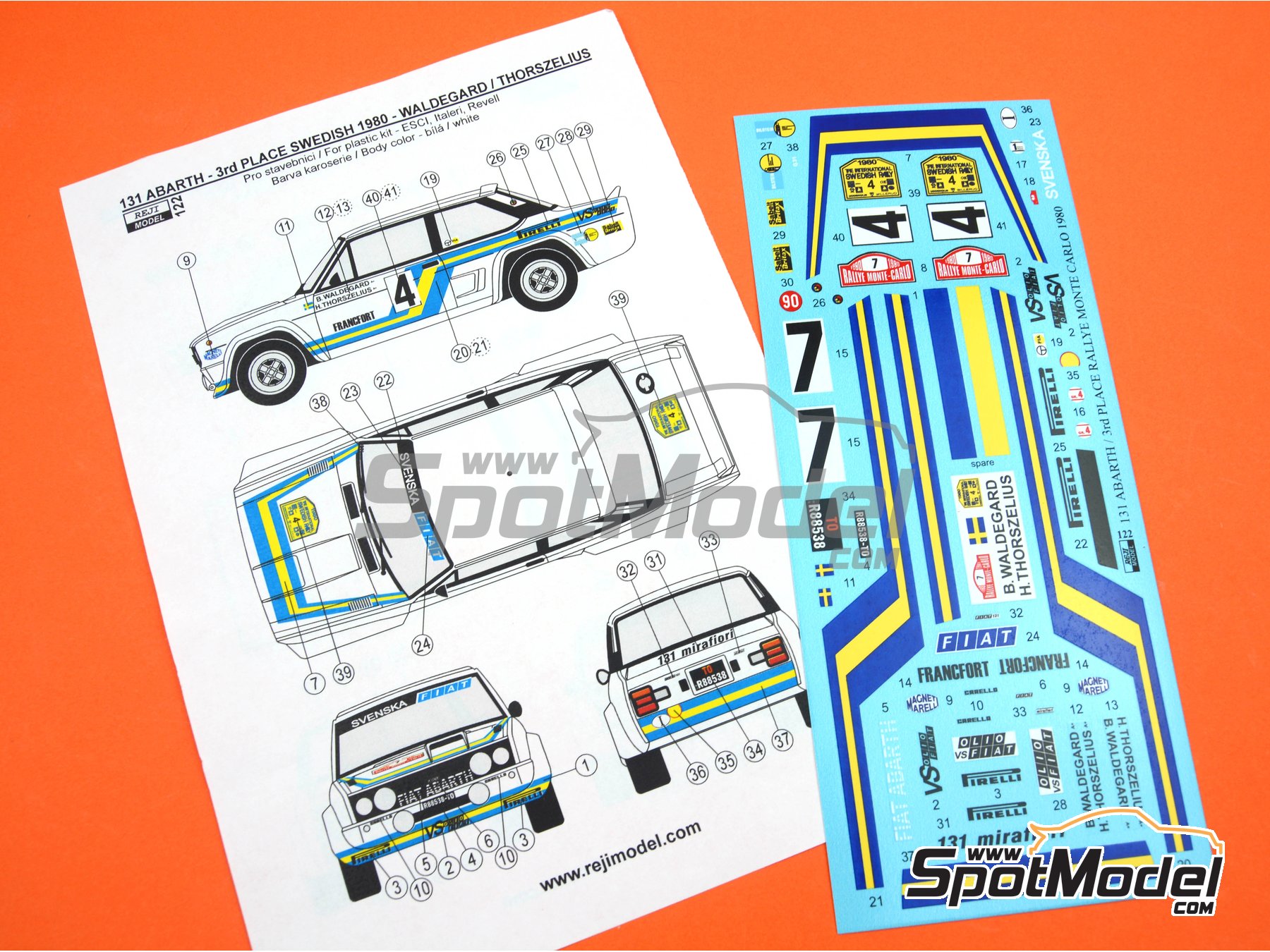 Image 9: Fiat 131 Abarth - Monte Carlo Rally - Rallye Automobile de Monte-Carlo, International Swedish Rally 1980 | Marking / livery in 1/24 scale manufactured by Reji Model (ref.&nbsp;REJI-122, also 122 and REJIREJI 122)
