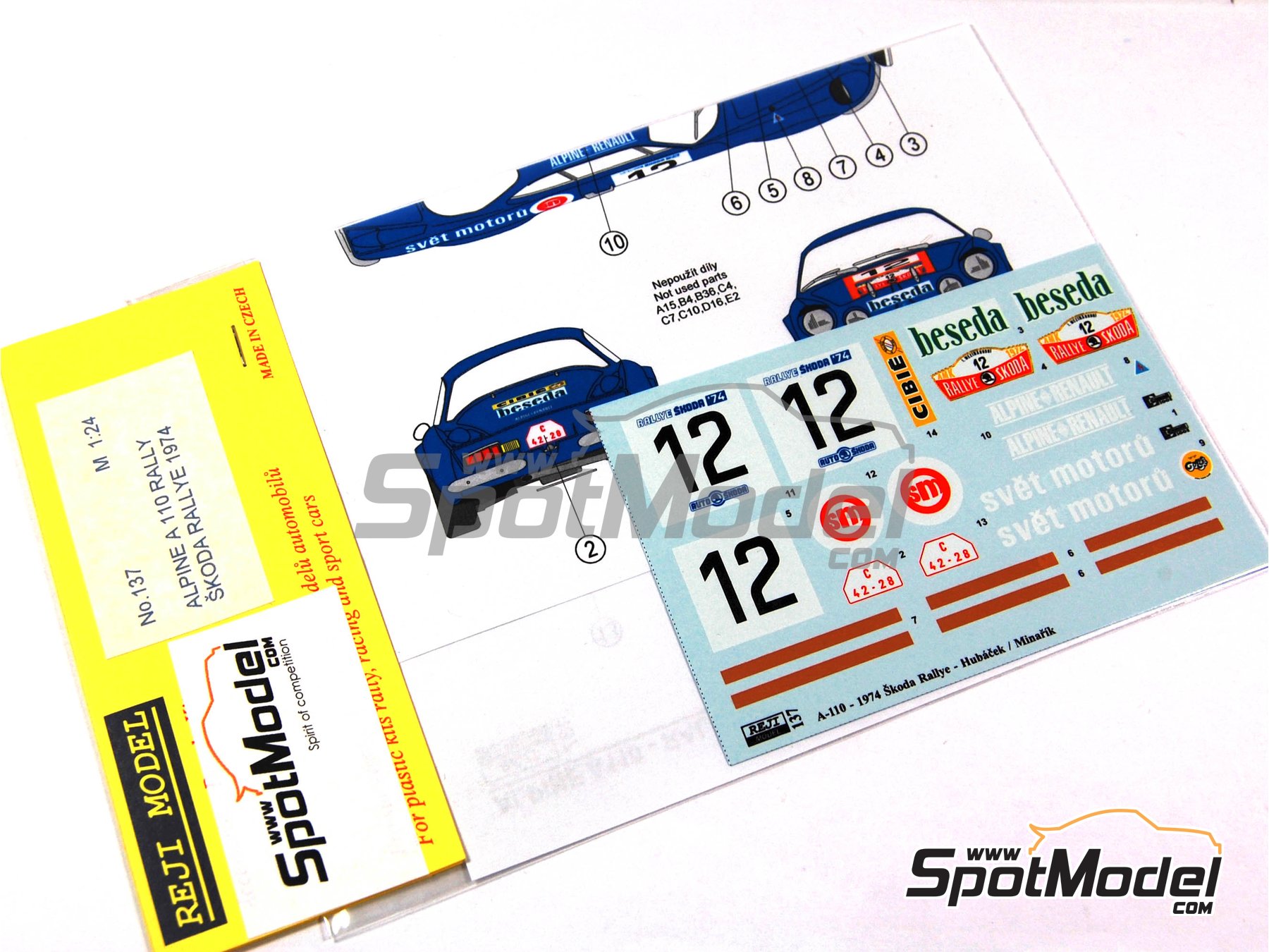 Image 1: Alpine Renault A110 sponsored by Beseda - Skoda Rally 1974 | Marking / livery in 1/24 scale manufactured by Reji Model (ref.&nbsp;REJI-137, also 137)