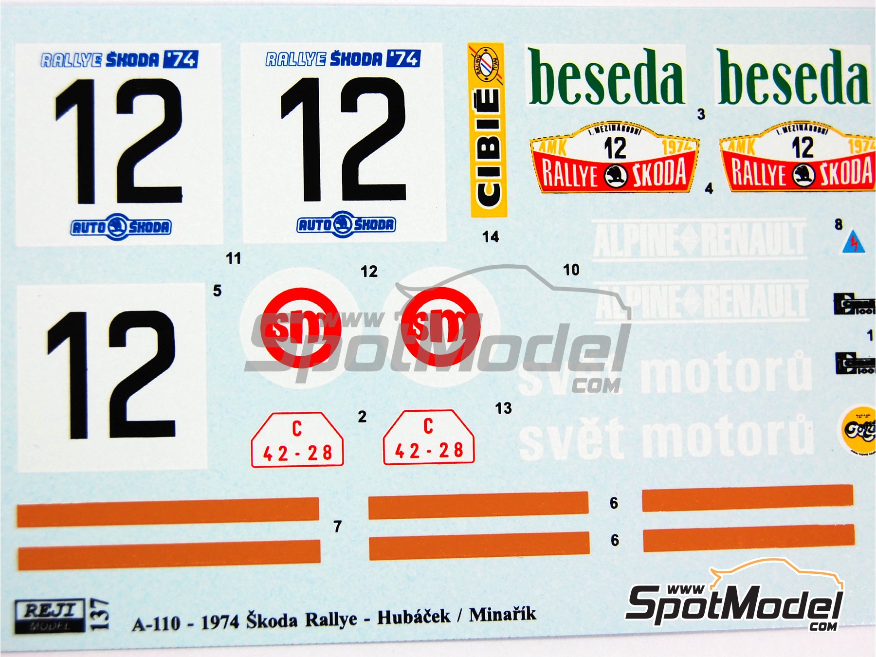 Image 2: Alpine Renault A110 sponsored by Beseda - Skoda Rally 1974 | Marking / livery in 1/24 scale manufactured by Reji Model (ref.&nbsp;REJI-137, also 137)