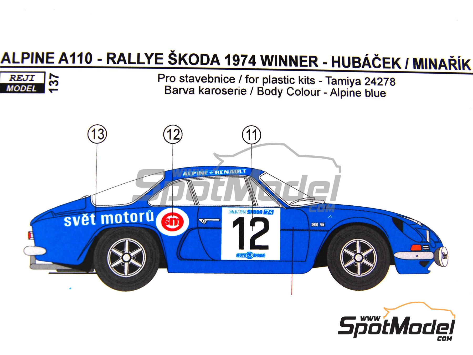 Image 7: Alpine Renault A110 sponsored by Beseda - Skoda Rally 1974 | Marking / livery in 1/24 scale manufactured by Reji Model (ref.&nbsp;REJI-137, also 137)