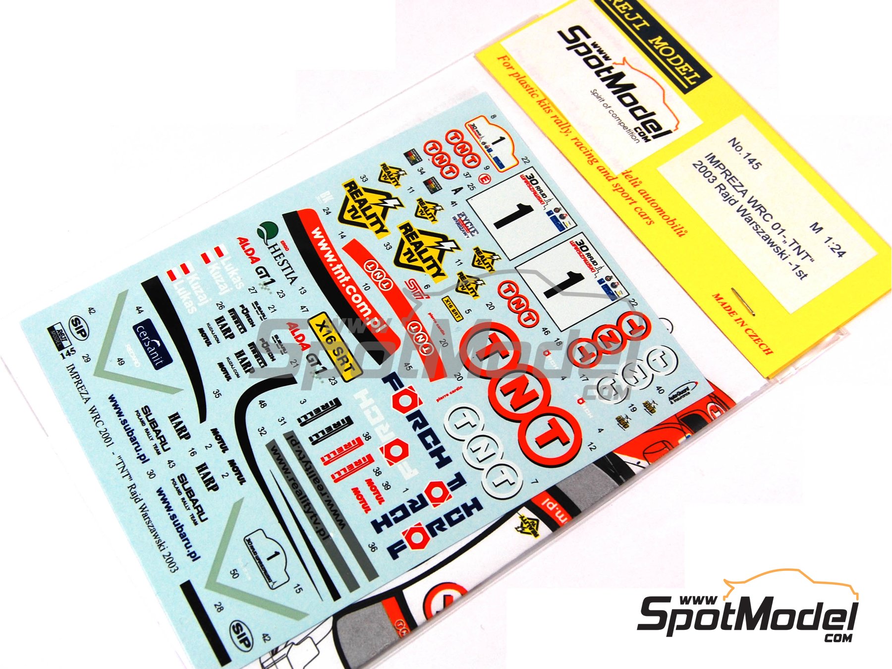 Image 1: Subaru Impreza WRC Subaru Polska Team sponsored by TNT - Rally Rajd Warszawski 2003 | Marking / livery in 1/24 scale manufactured by Reji Model (ref.&nbsp;REJI-145, also 145)