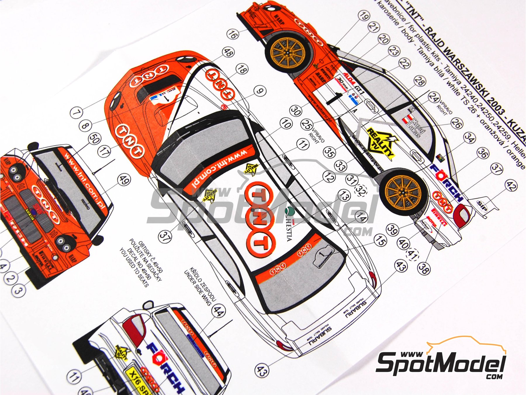 Image 2: Subaru Impreza WRC Subaru Polska Team sponsored by TNT - Rally Rajd Warszawski 2003 | Marking / livery in 1/24 scale manufactured by Reji Model (ref.&nbsp;REJI-145, also 145)