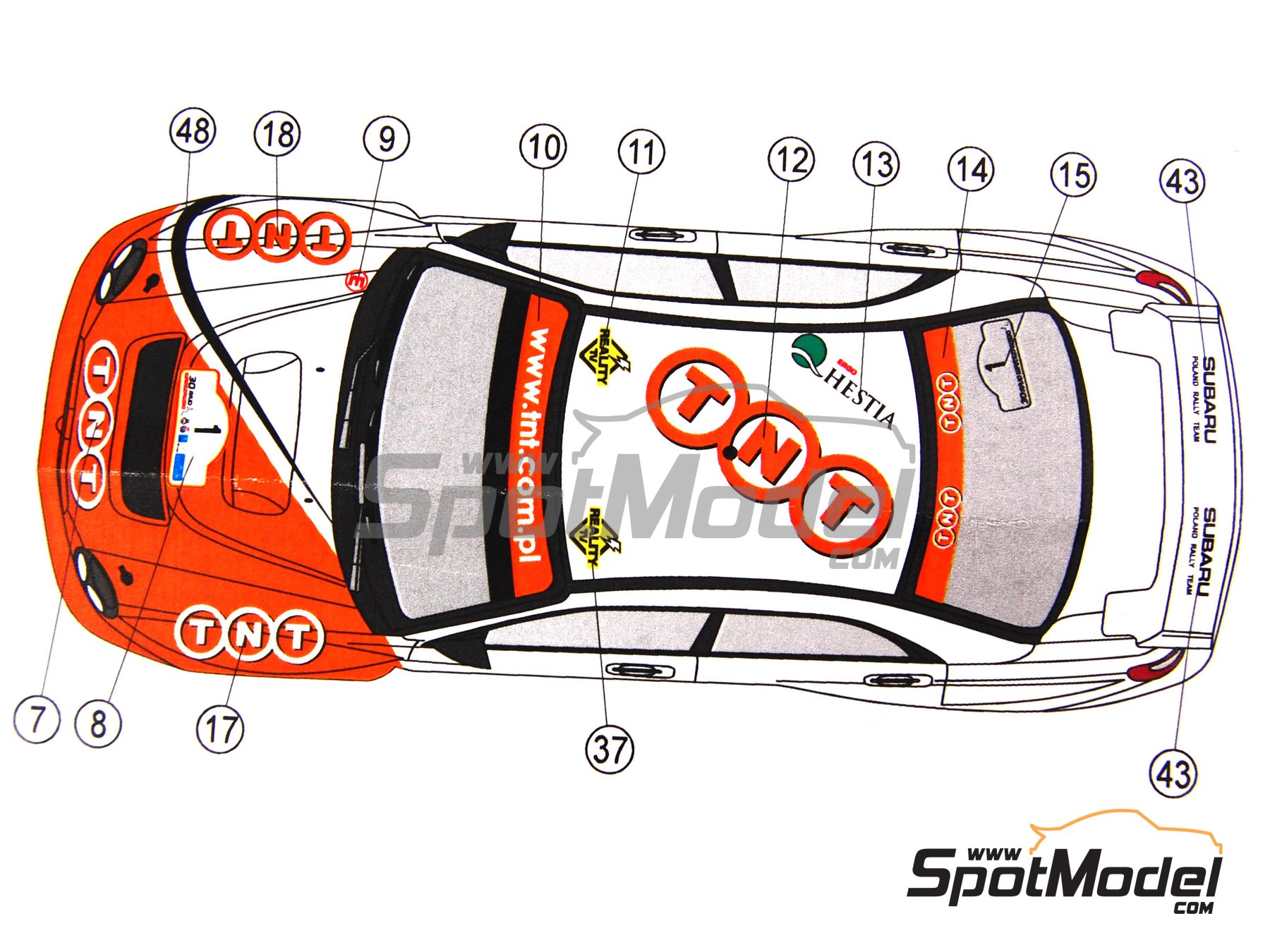 Image 5: Subaru Impreza WRC Subaru Polska Team sponsored by TNT - Rally Rajd Warszawski 2003 | Marking / livery in 1/24 scale manufactured by Reji Model (ref.&nbsp;REJI-145, also 145)