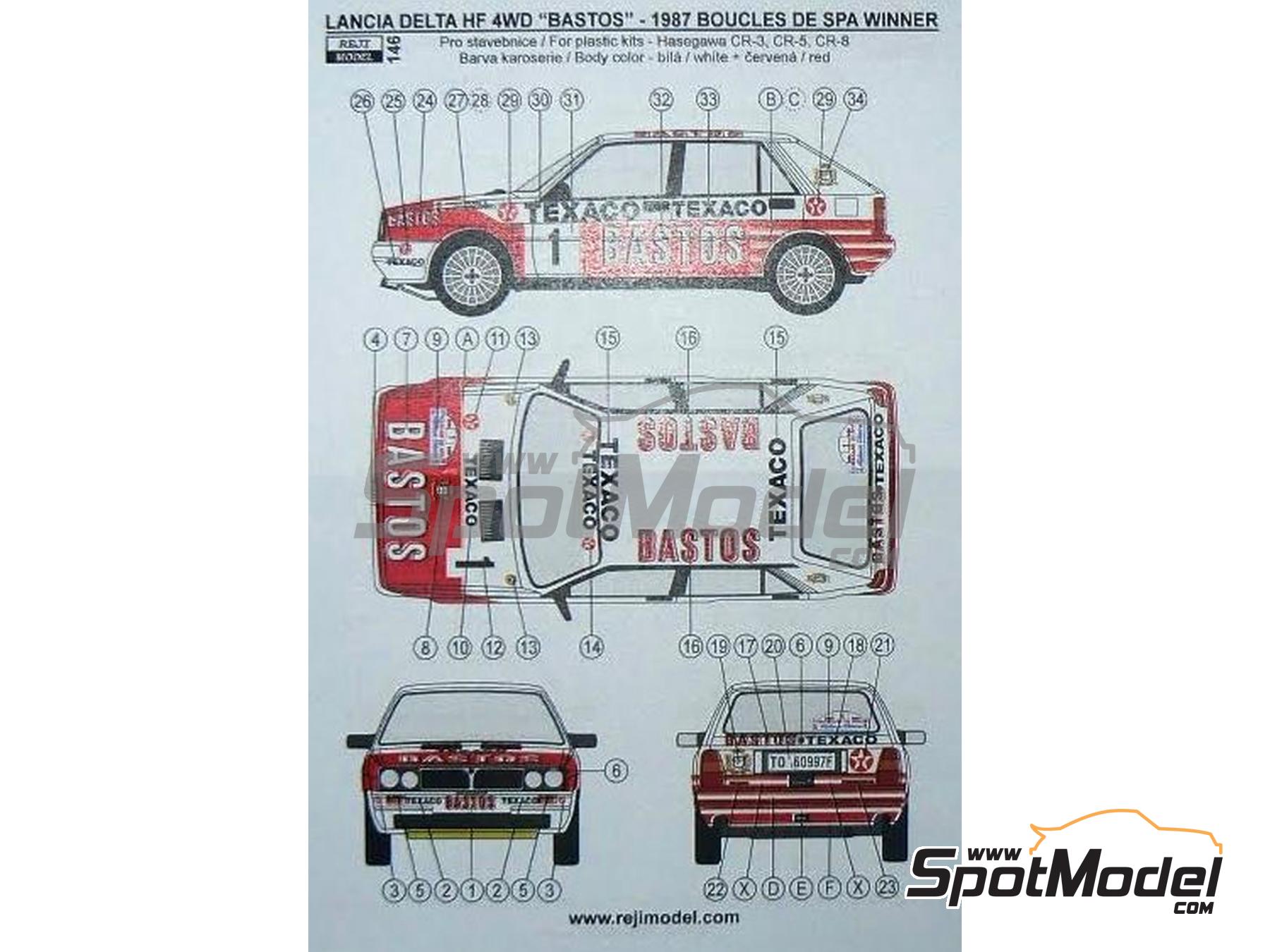 Image 5: Lancia Delta HF 4WD sponsored by Bastos Texaco - Boucles de SPA 1987 | Marking / livery in 1/24 scale manufactured by Reji Model (ref.&nbsp;REJI-146, also 146 and REJI146)