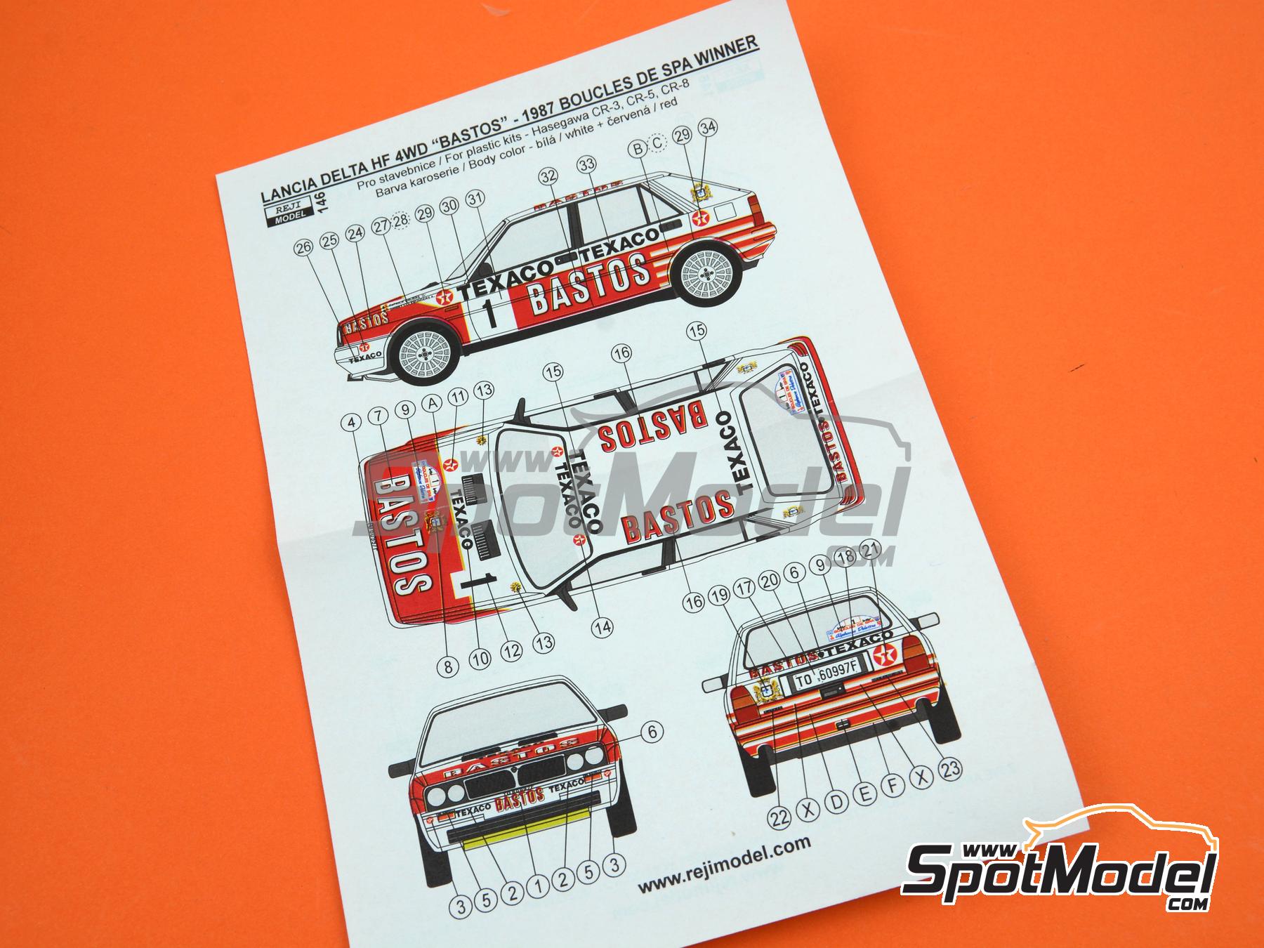 Image 7: Lancia Delta HF 4WD sponsored by Bastos Texaco - Boucles de SPA 1987 | Marking / livery in 1/24 scale manufactured by Reji Model (ref.&nbsp;REJI-146, also 146 and REJI146)