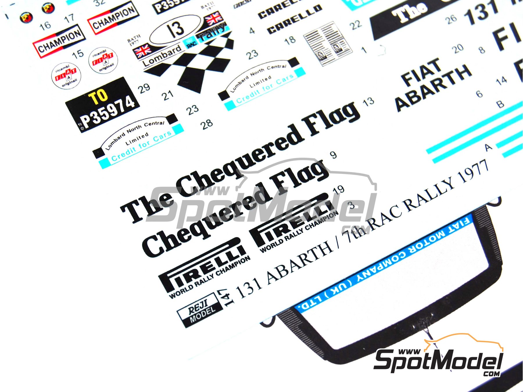 Image 2: Fiat 131 Abarth sponsored by The Chequered Flag - Great Britain RAC Rally 1977 | Marking / livery in 1/24 scale manufactured by Reji Model (ref.&nbsp;REJI-147, also 147)