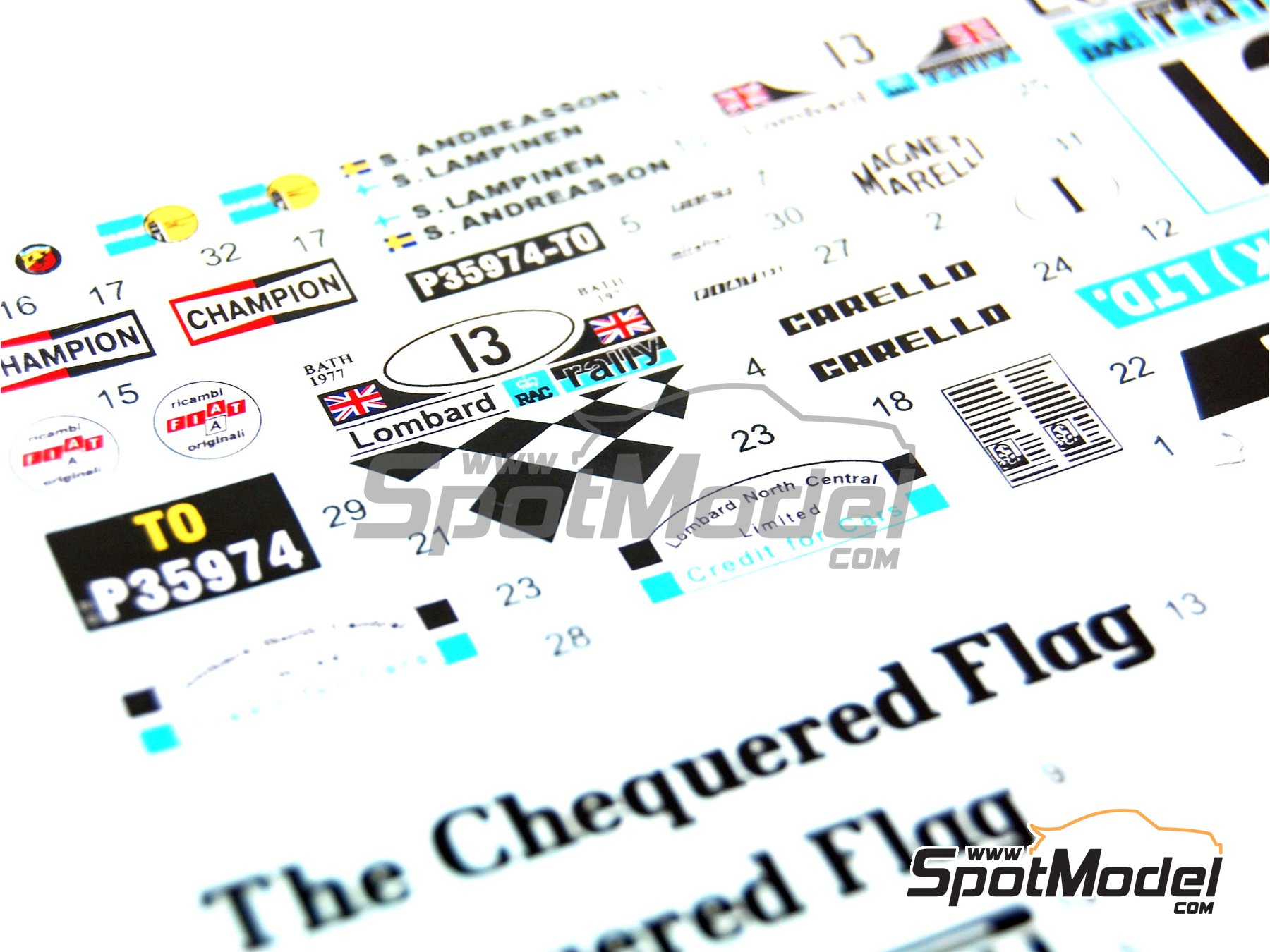 Image 3: Fiat 131 Abarth sponsored by The Chequered Flag - Great Britain RAC Rally 1977 | Marking / livery in 1/24 scale manufactured by Reji Model (ref.&nbsp;REJI-147, also 147)