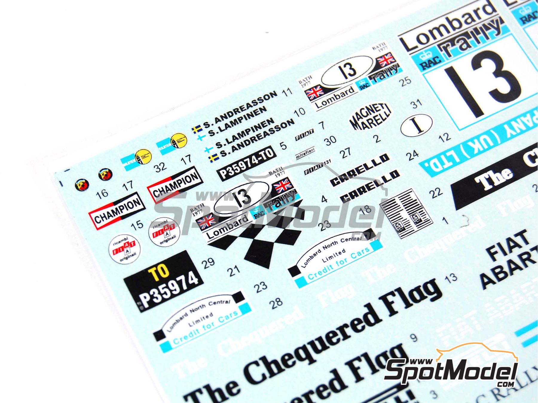 Image 5: Fiat 131 Abarth sponsored by The Chequered Flag - Great Britain RAC Rally 1977 | Marking / livery in 1/24 scale manufactured by Reji Model (ref.&nbsp;REJI-147, also 147)