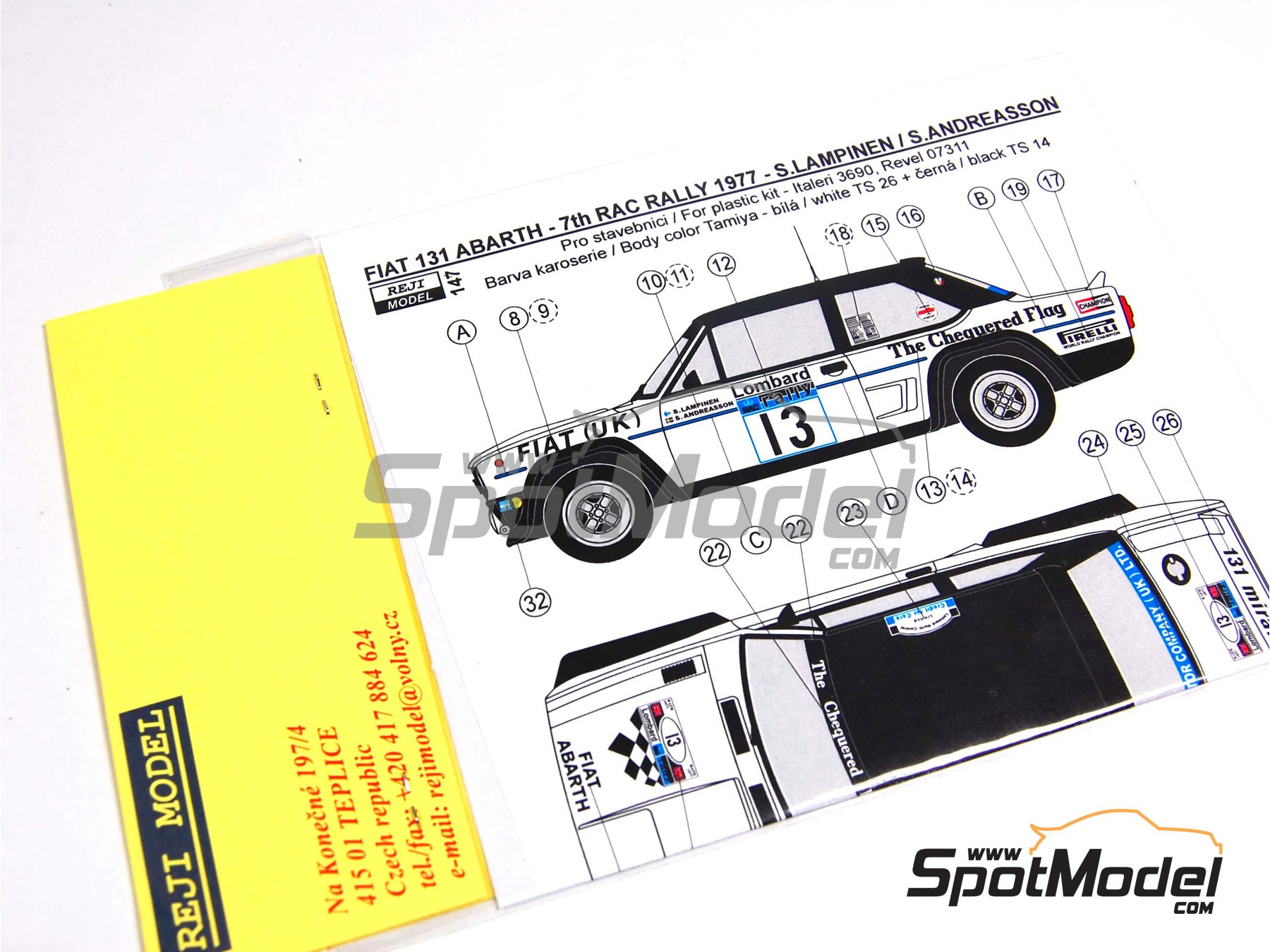 Image 7: Fiat 131 Abarth sponsored by The Chequered Flag - Great Britain RAC Rally 1977 | Marking / livery in 1/24 scale manufactured by Reji Model (ref.&nbsp;REJI-147, also 147)