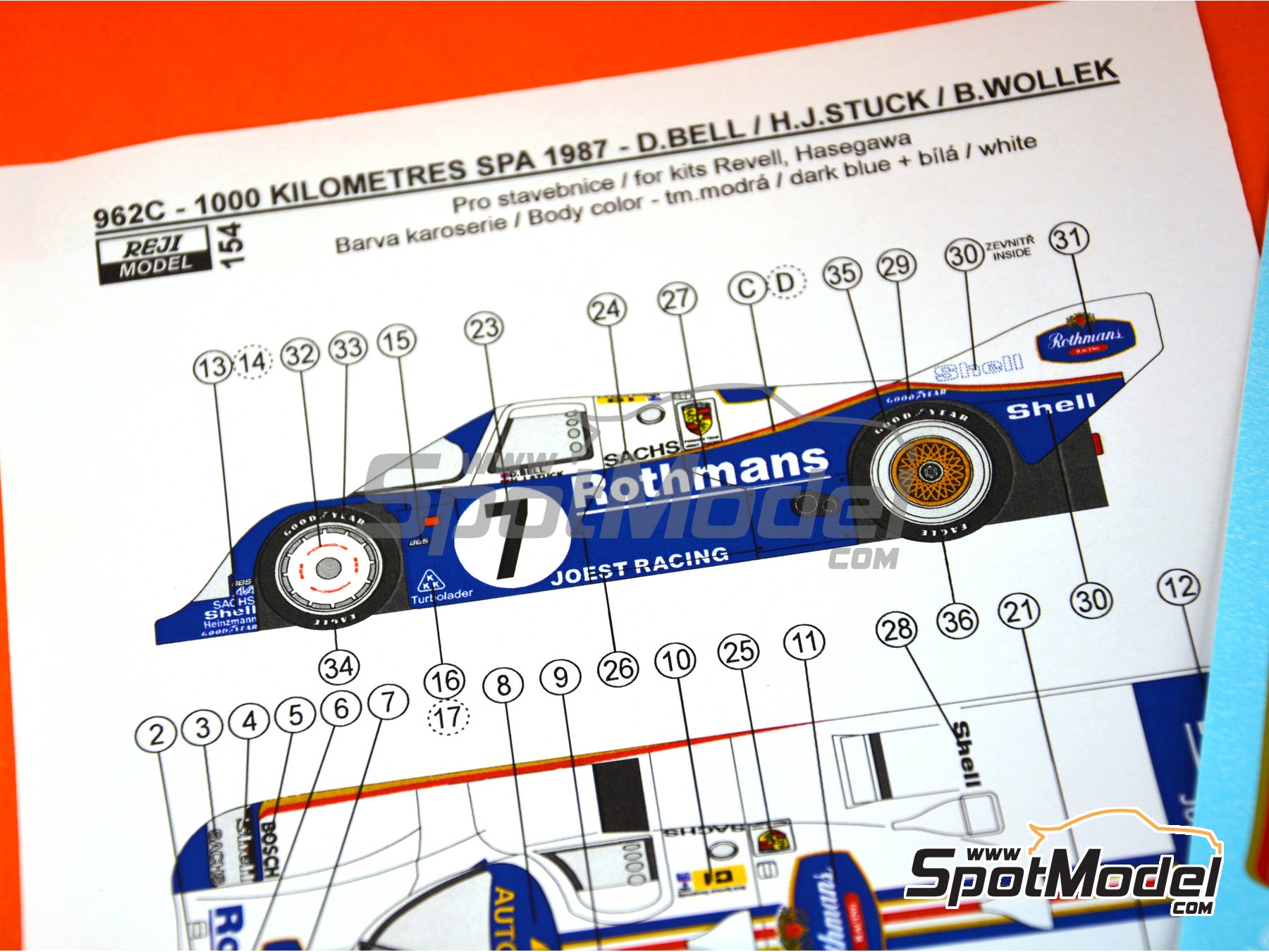 Image 1: Porsche 962C patrocinado por Rothmans - 1000 Kms de SPA Francorchamps 1987 | Decoraci&oacute;n en escala&nbsp;1/24 fabricado por Reji Model (ref.&nbsp;REJI-154, tambien 154)