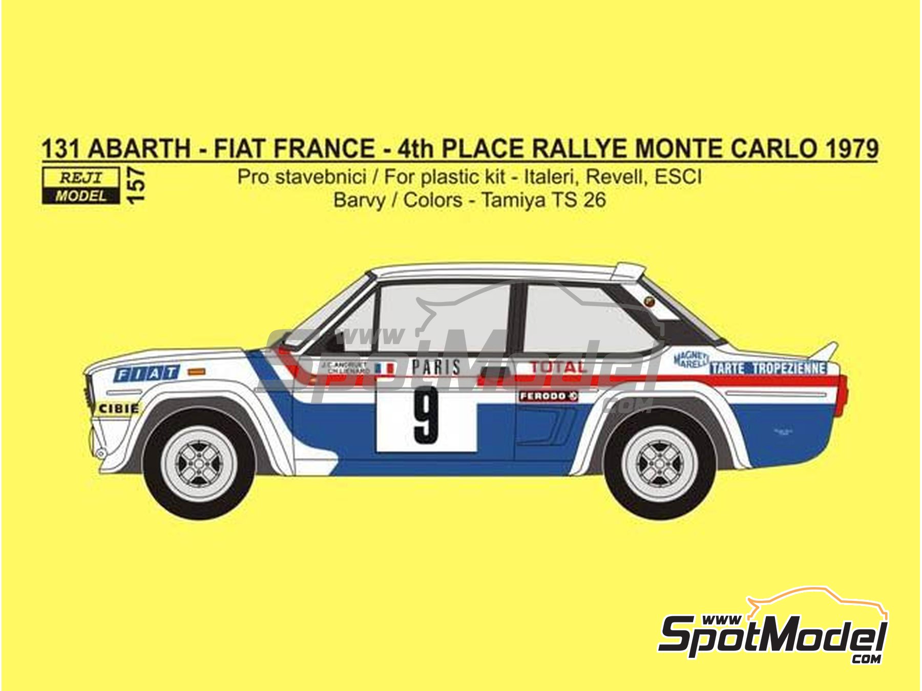 Image 1: Fiat 131 Abarth sponsored by Fiat France - Monte Carlo Rally - Rallye Automobile de Monte-Carlo 1979 | Marking / livery in 1/24 scale manufactured by Reji Model (ref. REJI-157, also 157)