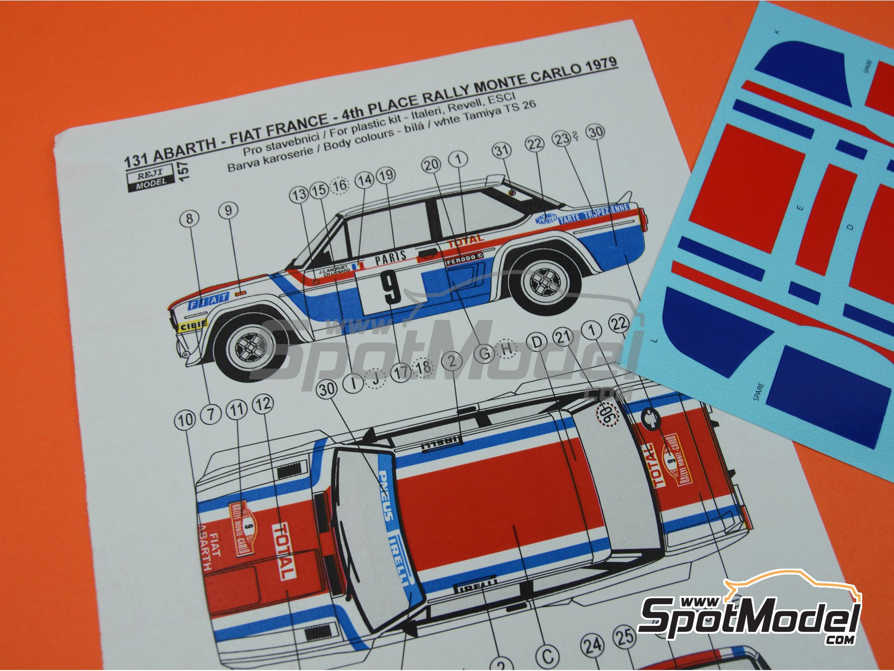 Image 6: Fiat 131 Abarth sponsored by Fiat France - Monte Carlo Rally - Rallye Automobile de Monte-Carlo 1979 | Marking / livery in 1/24 scale manufactured by Reji Model (ref. REJI-157, also 157)