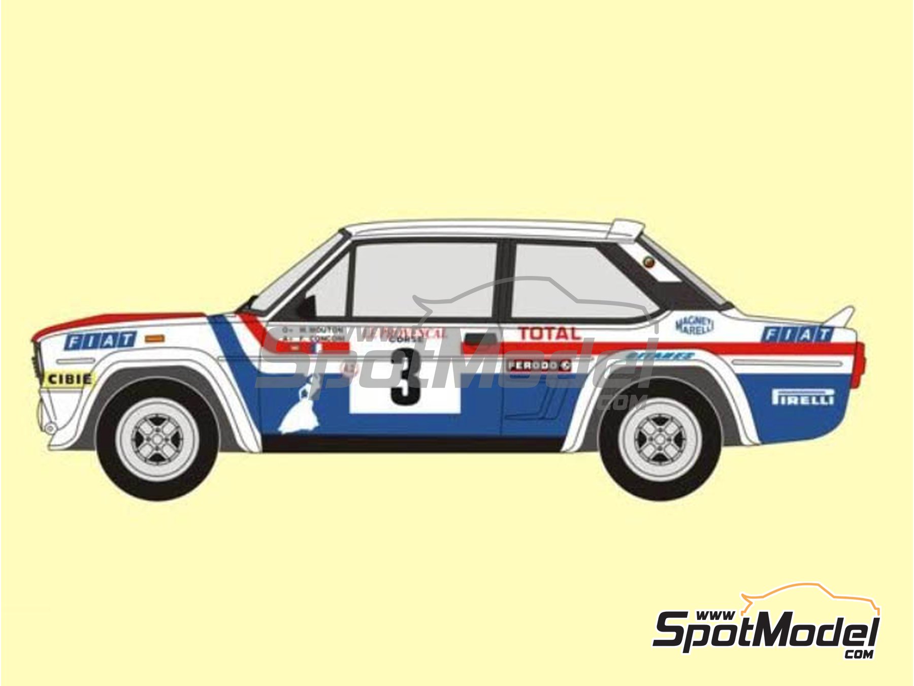 Image 1: Fiat 131 Abarth sponsored by Fiat France - Tour de Corse 1979 | Marking / livery in 1/24 scale manufactured by Reji Model (ref.&nbsp;REJI-158, also 158 and REJIREJI 158)