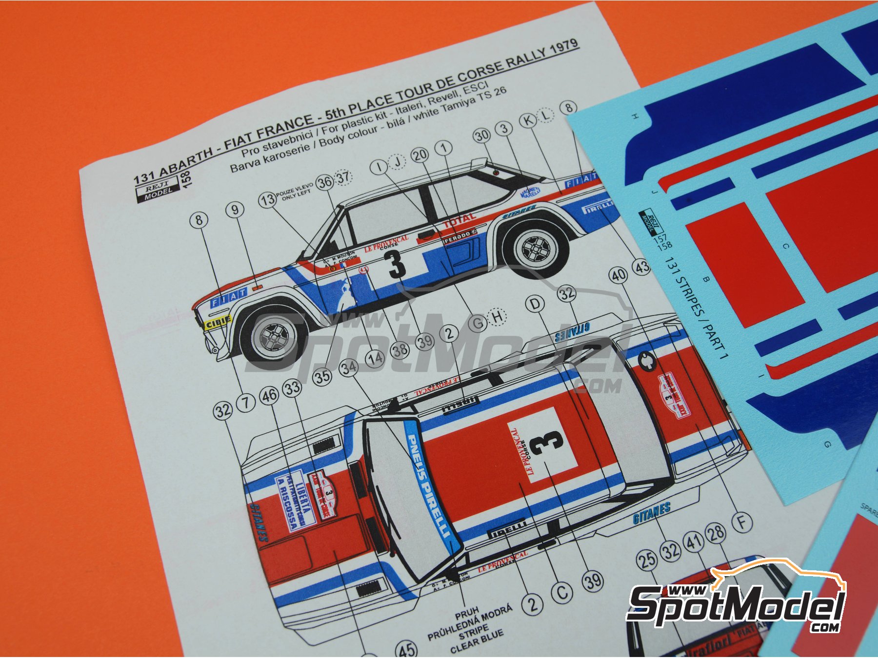 Image 3: Fiat 131 Abarth sponsored by Fiat France - Tour de Corse 1979 | Marking / livery in 1/24 scale manufactured by Reji Model (ref.&nbsp;REJI-158, also 158 and REJIREJI 158)