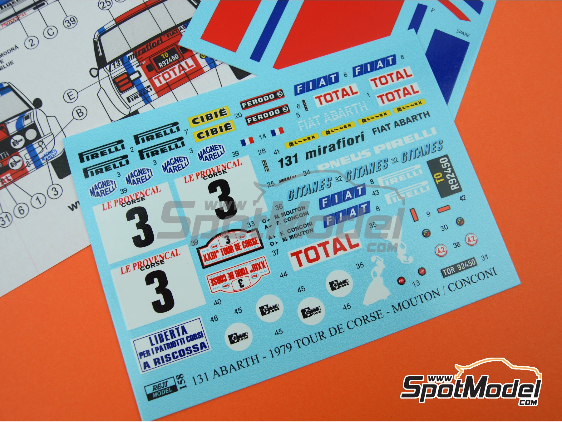Image 7: Fiat 131 Abarth sponsored by Fiat France - Tour de Corse 1979 | Marking / livery in 1/24 scale manufactured by Reji Model (ref.&nbsp;REJI-158, also 158 and REJIREJI 158)