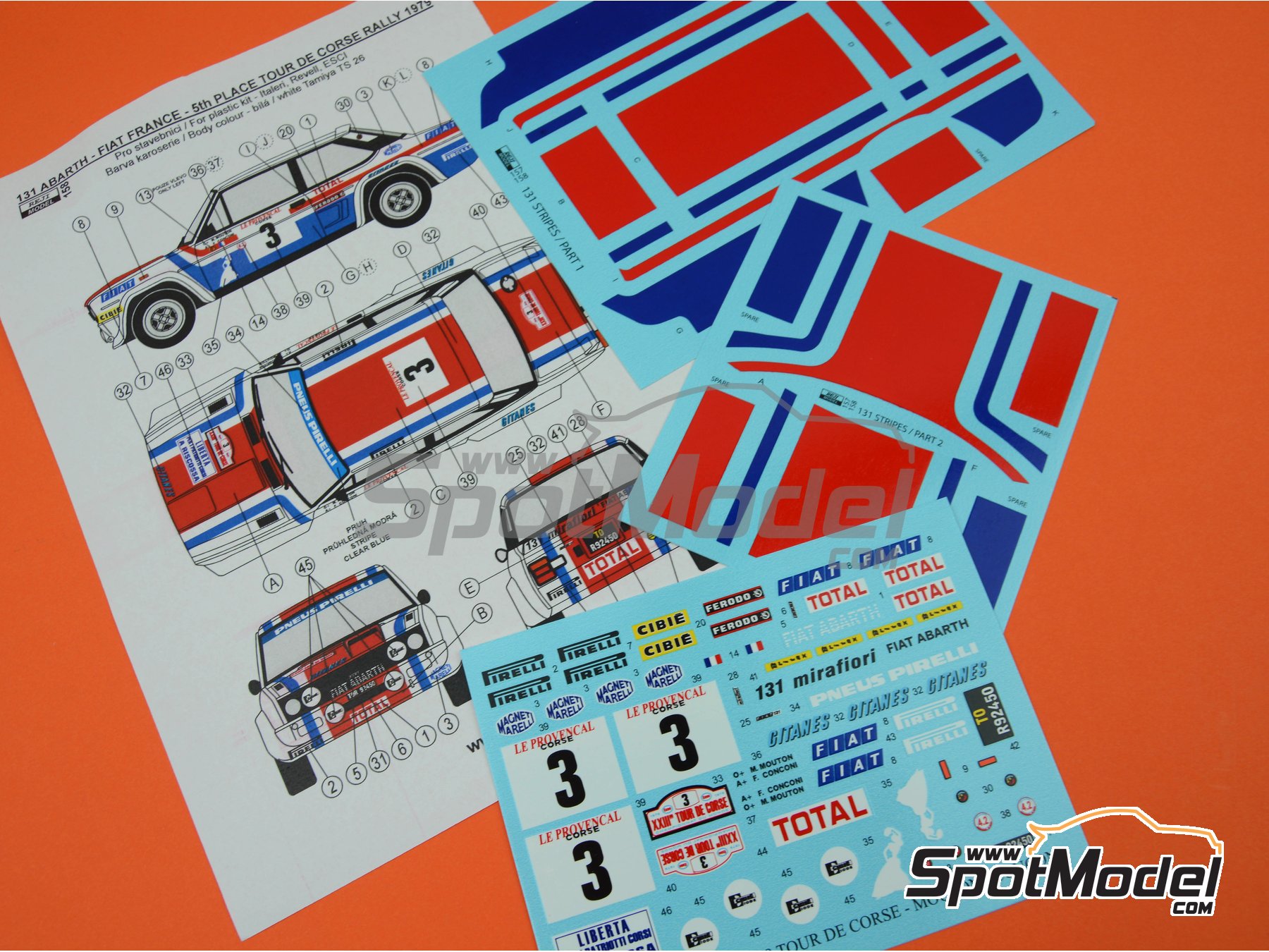 Image 8: Fiat 131 Abarth sponsored by Fiat France - Tour de Corse 1979 | Marking / livery in 1/24 scale manufactured by Reji Model (ref.&nbsp;REJI-158, also 158 and REJIREJI 158)