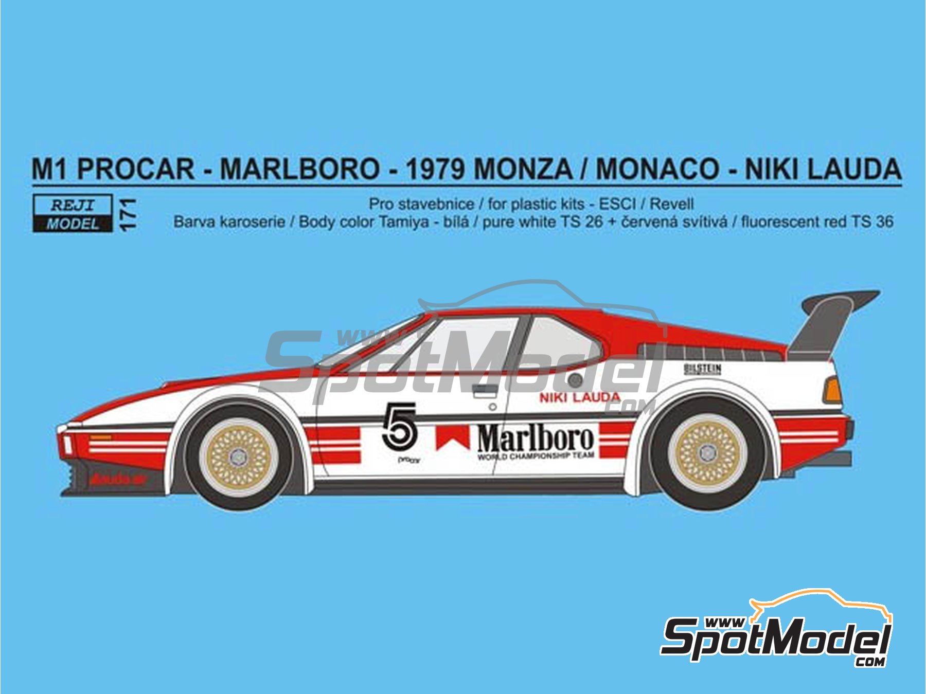 Image 1: BMW M1 Procar sponsored by Marlboro - 1000 Kms Brands Hatch, Monaco Formula 1 Grand Prix, Procar Championship 1980 | Marking / livery in 1/24 scale manufactured by Reji Model (ref.&nbsp;REJI-171, also 171)