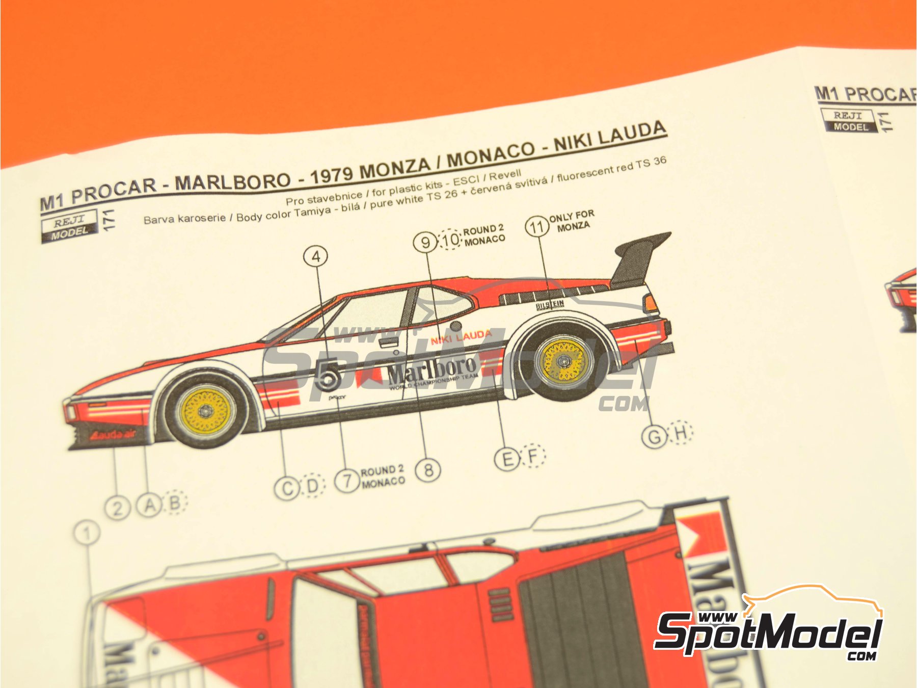Image 8: BMW M1 Procar sponsored by Marlboro - 1000 Kms Brands Hatch, Monaco Formula 1 Grand Prix, Procar Championship 1980 | Marking / livery in 1/24 scale manufactured by Reji Model (ref.&nbsp;REJI-171, also 171)