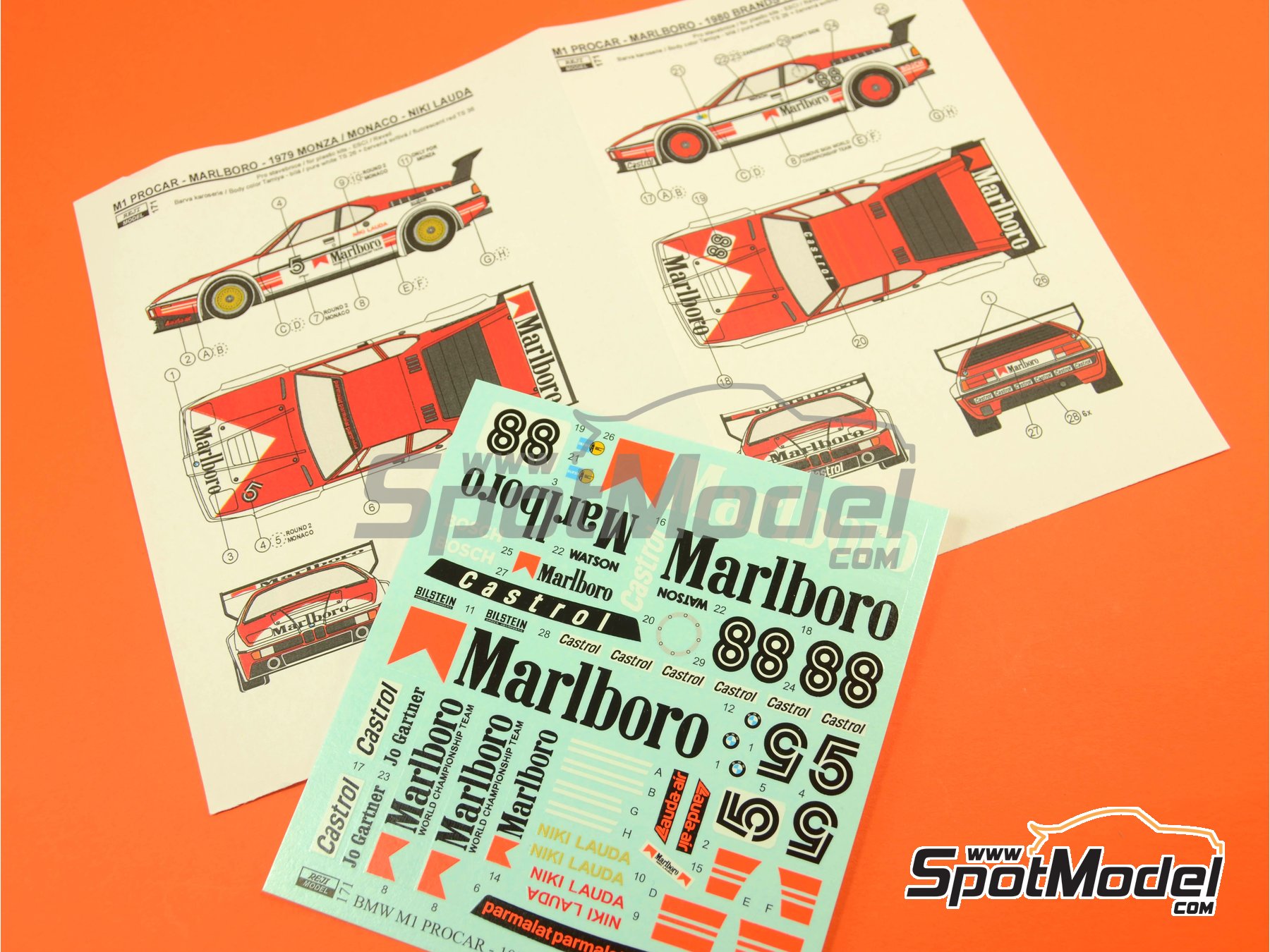 Image 11: BMW M1 Procar sponsored by Marlboro - 1000 Kms Brands Hatch, Monaco Formula 1 Grand Prix, Procar Championship 1980 | Marking / livery in 1/24 scale manufactured by Reji Model (ref.&nbsp;REJI-171, also 171)