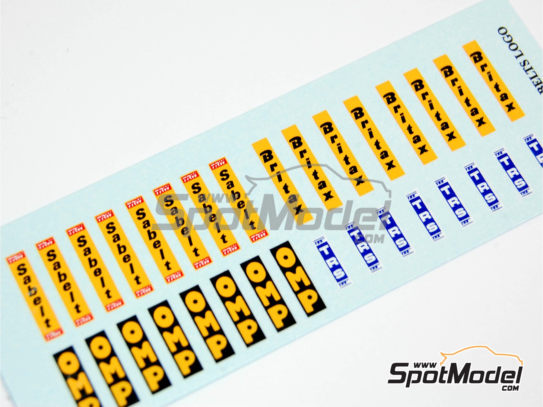 Image 1: OMP, Sabelt, Britax, TRS logos | Calcas de agua en escala 1/24 fabricado por Reji Model (ref. REJI-173, tambien 173)