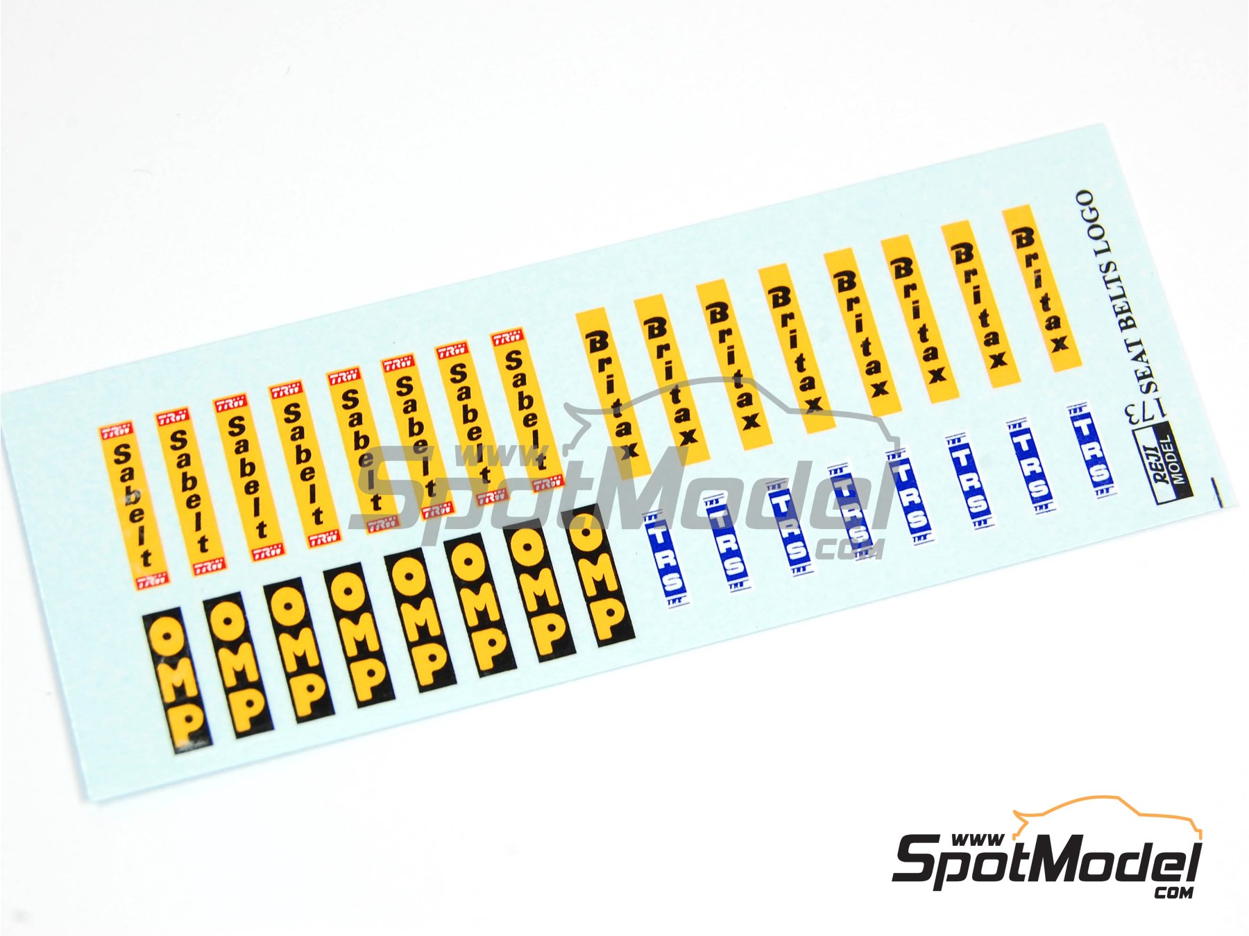 Image 2: OMP, Sabelt, Britax, TRS logos | Calcas de agua en escala 1/24 fabricado por Reji Model (ref. REJI-173, tambien 173)