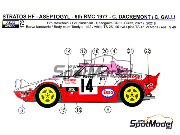 Image 1: Lancia Stratos HF sponsored by Aseptogyl - Monte Carlo Rally - Rallye Automobile de Monte-Carlo 1977 | Marking / livery in 1/24 scale manufactured by Reji Model (ref.&nbsp;REJI-175, also 175)