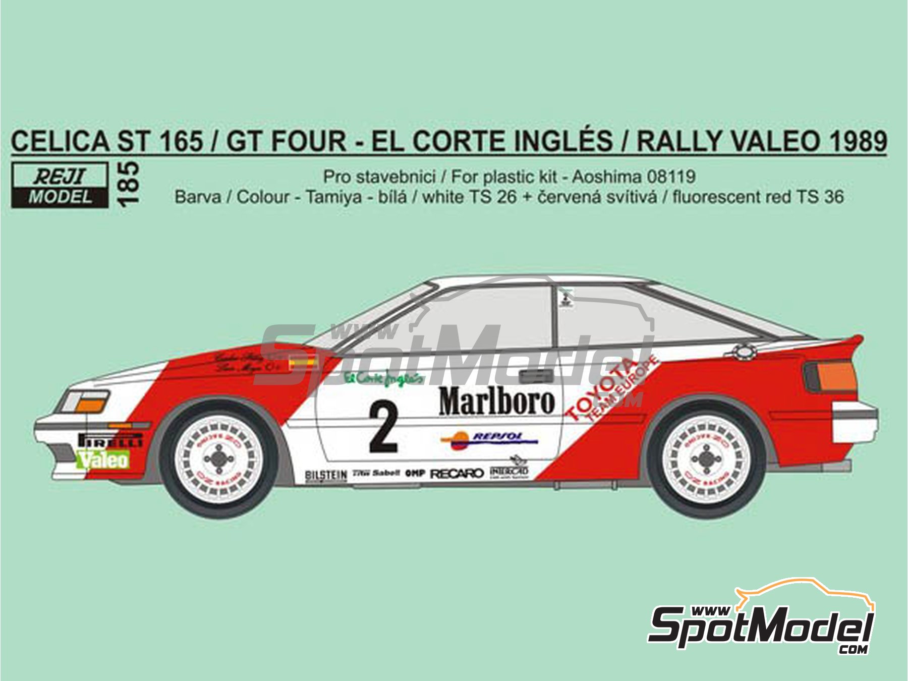 Image 1: Toyota Celica GT-Four ST165 patrocinado por Marlboro - Rally El Corte Ingles Islas Canarias, Rallye Valeo 1989 | Decoraci&oacute;n en escala&nbsp;1/24 fabricado por Reji Model (ref.&nbsp;REJI-185, tambien 185)